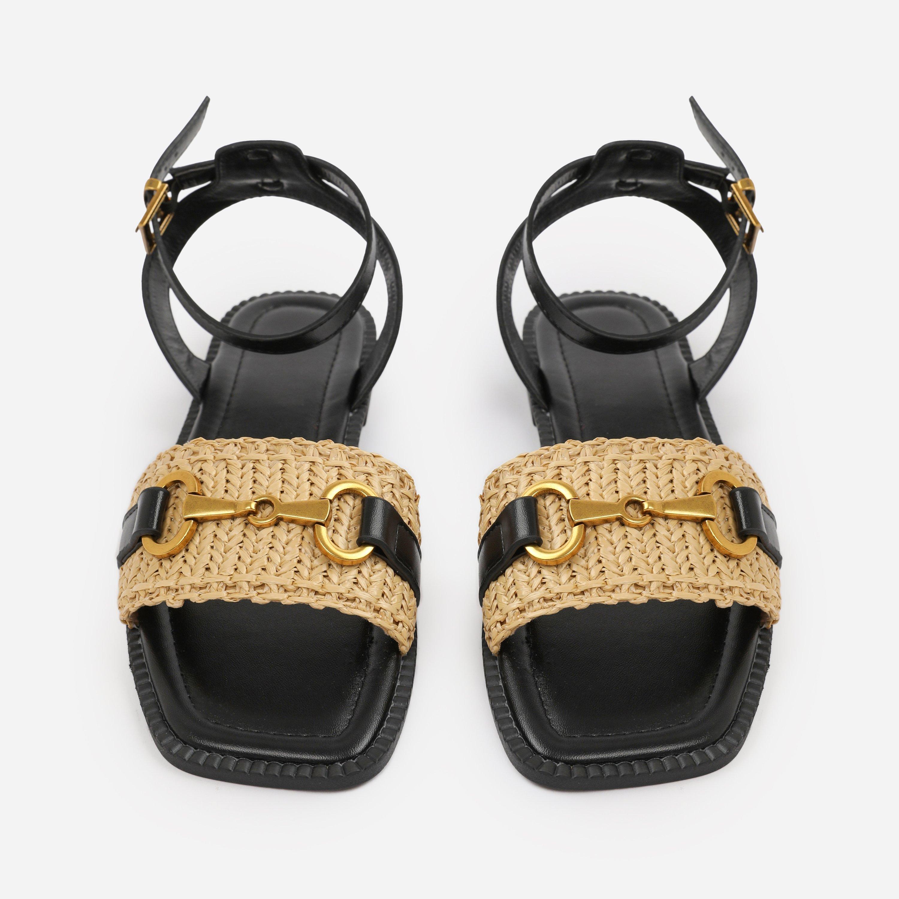 Black - Wheres That From - Wide-Fit Black-PU Catelyn Straw Detail Strap Sanda - 3