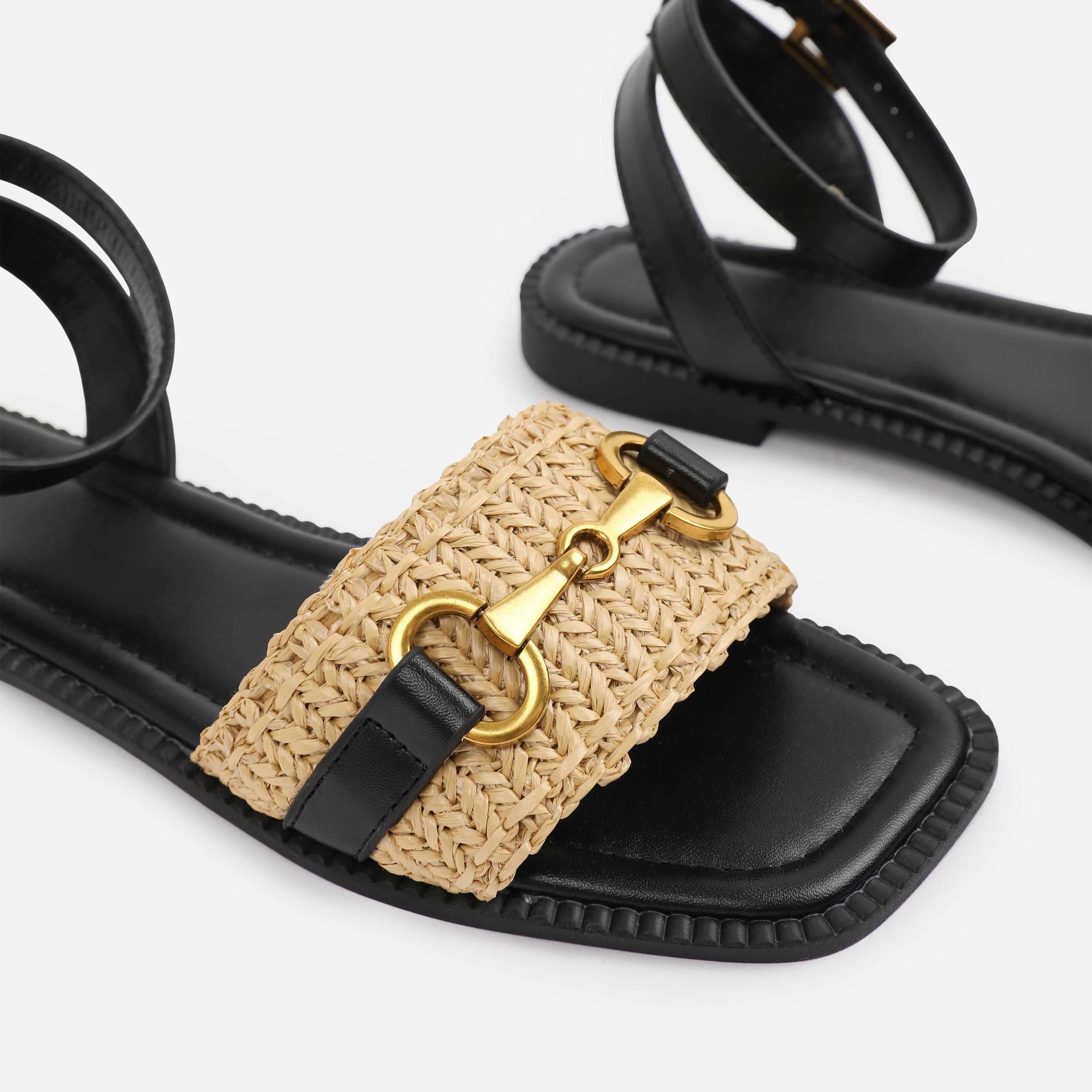 Black - Wheres That From - Wide-Fit Black-PU Catelyn Straw Detail Strap Sanda - 4