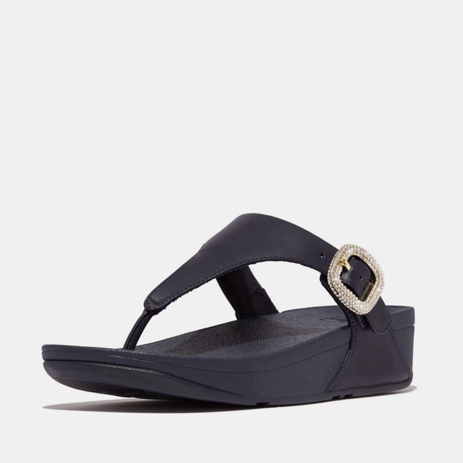 Navy - Fitflop - Lulu Crystal-Buckle Leather Toe-Post Sandals - 2