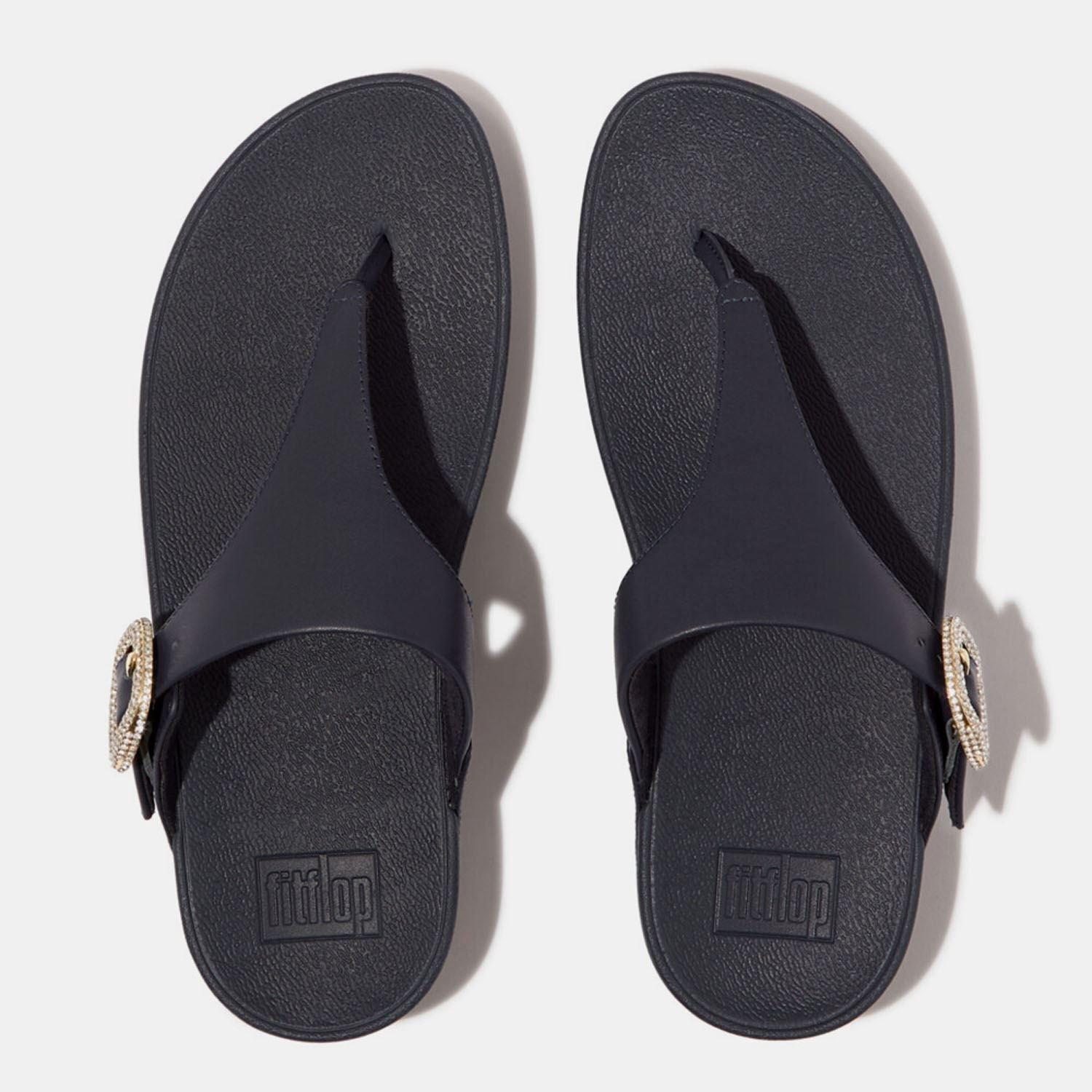 Navy - Fitflop - Lulu Crystal-Buckle Leather Toe-Post Sandals - 3