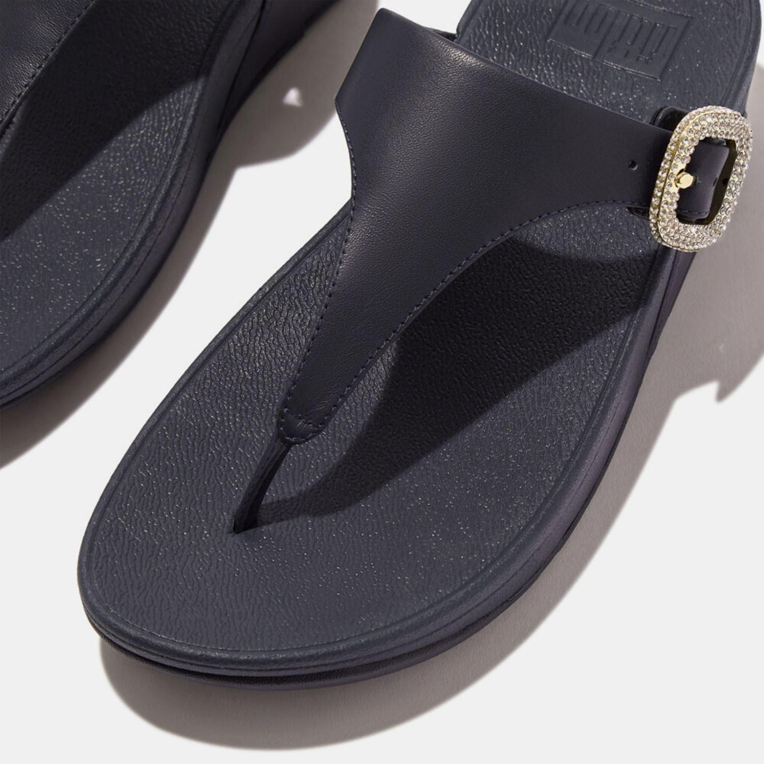 Navy - Fitflop - Lulu Crystal-Buckle Leather Toe-Post Sandals - 5