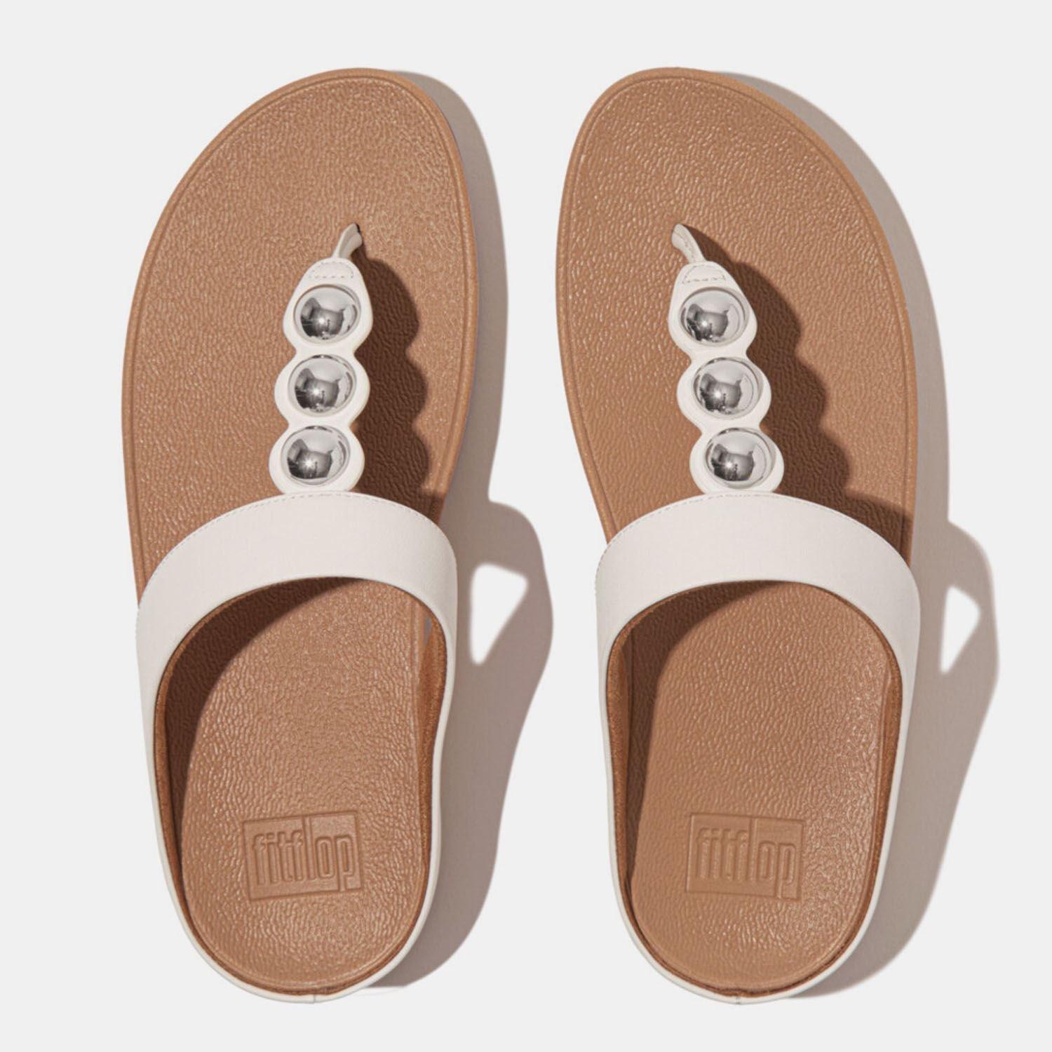 White - Fitflop - Fino Mirror-Dome Leather Toe-Post Sandals - 3