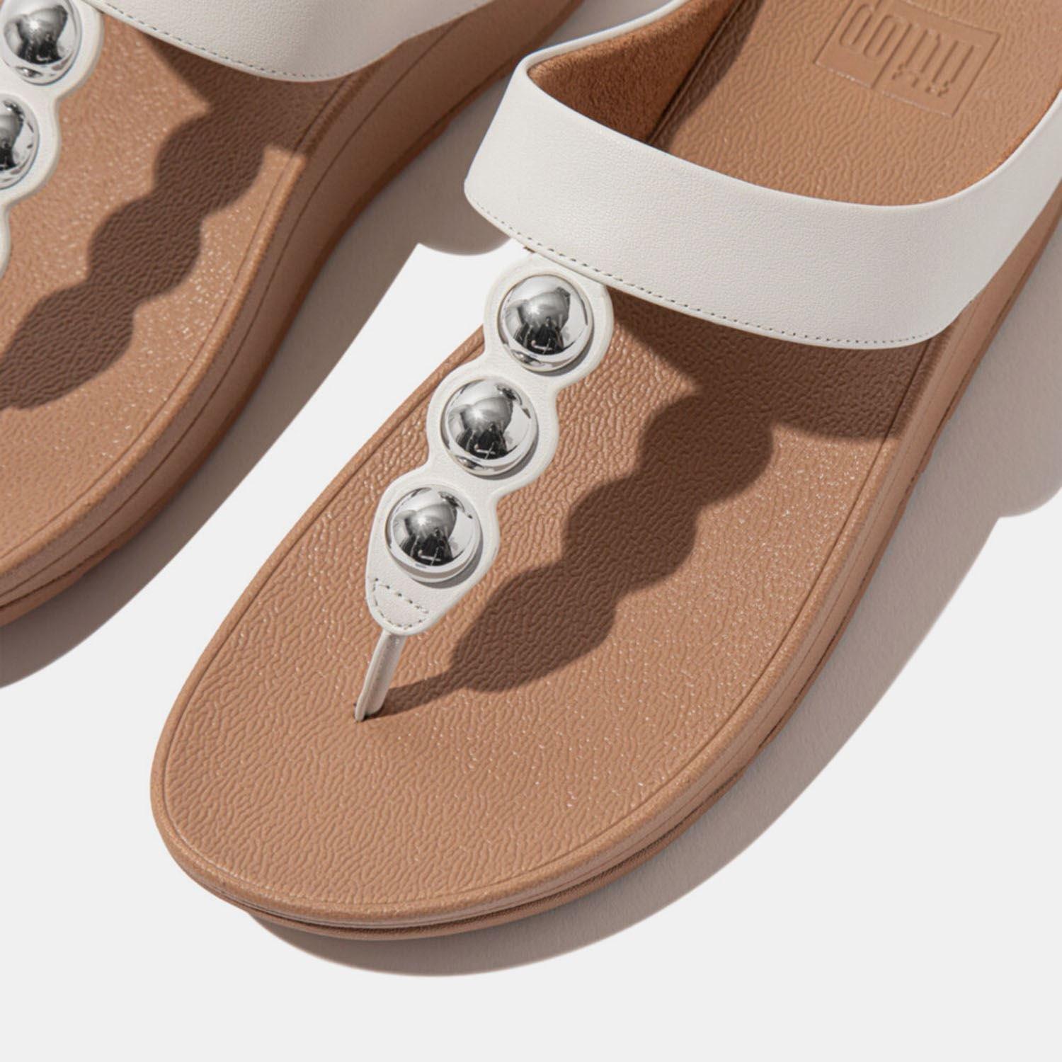 White - Fitflop - Fino Mirror-Dome Leather Toe-Post Sandals - 5