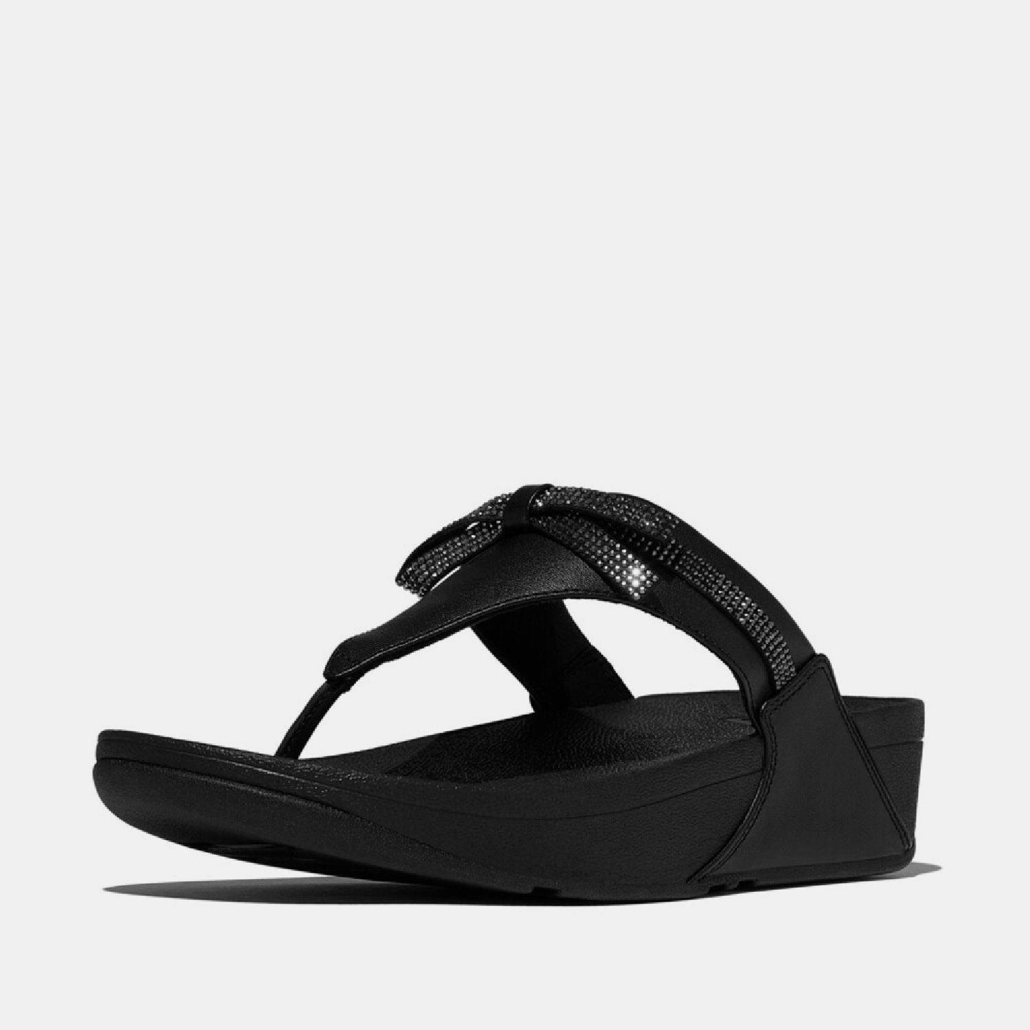 Black - FitFlop - Lulu Glitz-Bow Leather Toe-Post Sandals - 2