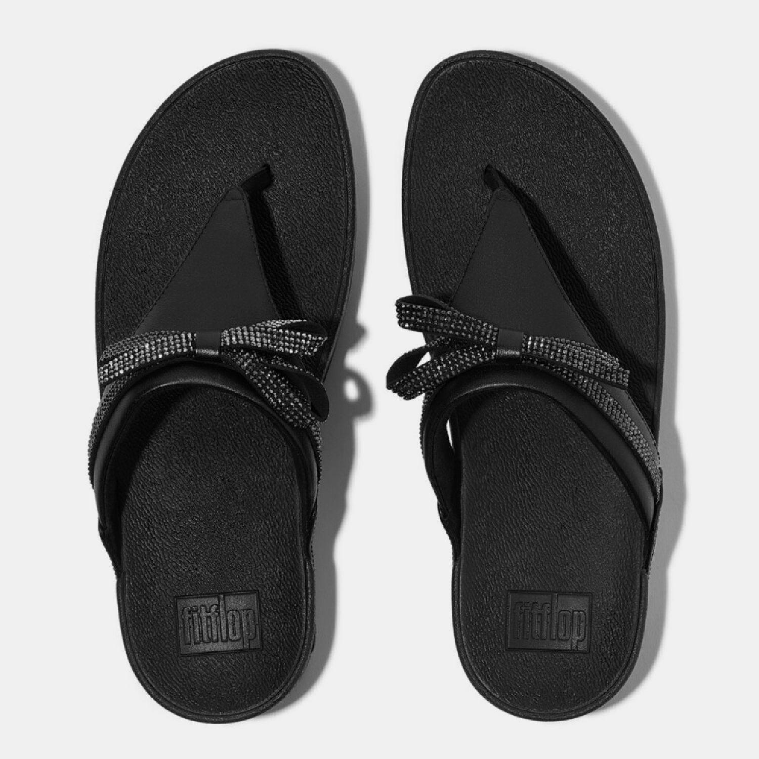 Black - FitFlop - Lulu Glitz-Bow Leather Toe-Post Sandals - 3
