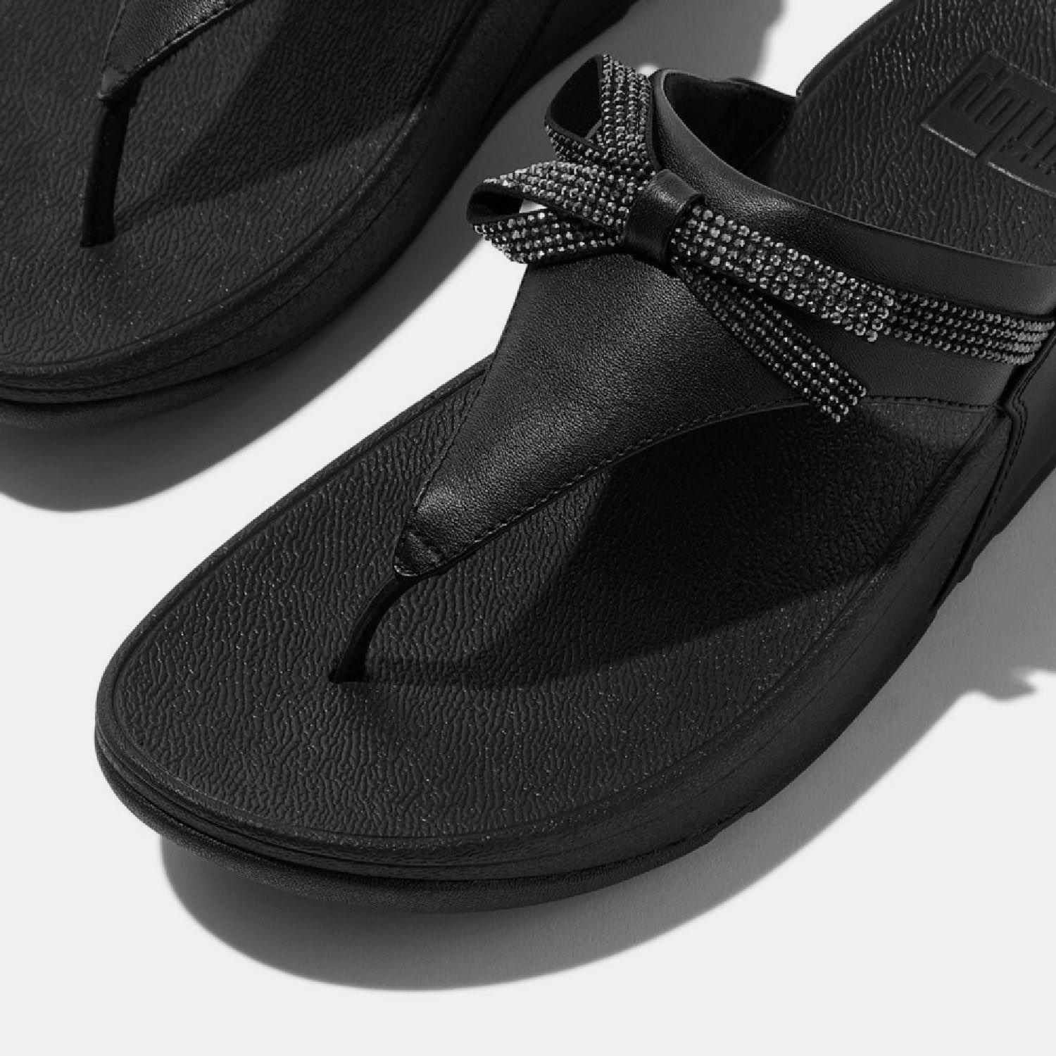 Black - FitFlop - Lulu Glitz-Bow Leather Toe-Post Sandals - 5