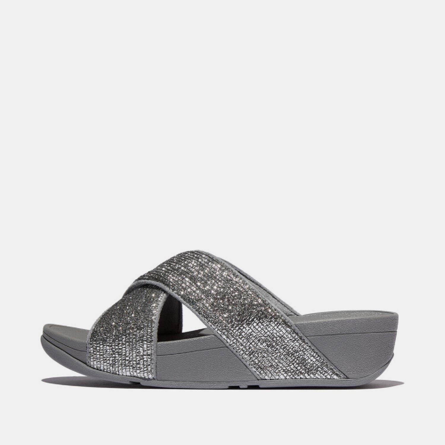 Silver - Fitflop - Lulu Crinkled-Shimmer Cross Sliders - 1