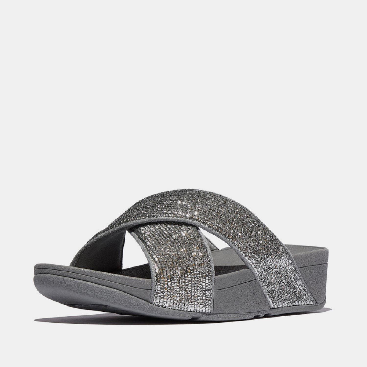 Silver - Fitflop - Lulu Crinkled-Shimmer Cross Sliders - 2