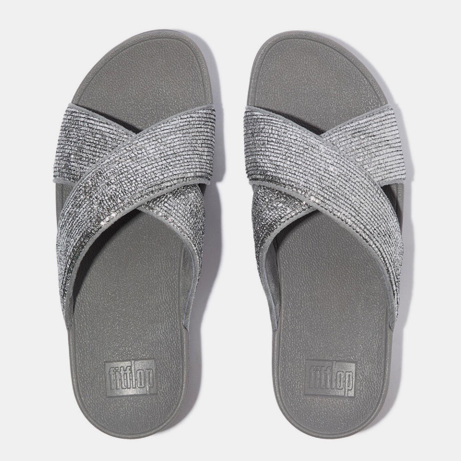 Silver - Fitflop - Lulu Crinkled-Shimmer Cross Sliders - 3