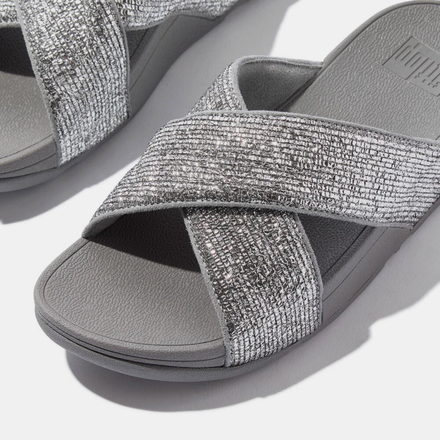 Silver - Fitflop - Lulu Crinkled-Shimmer Cross Sliders - 5