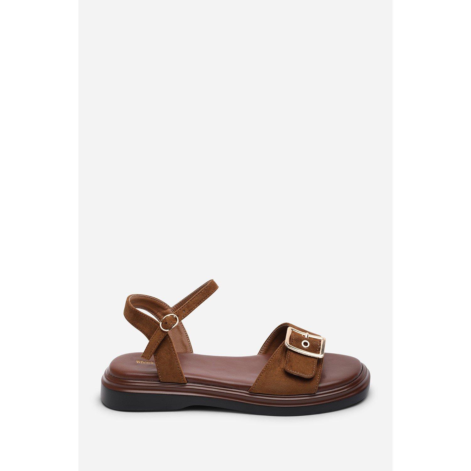 Cognac - Wheres That From - Coastal Front Buckle Flatform Cognac Suede Sandal - 2