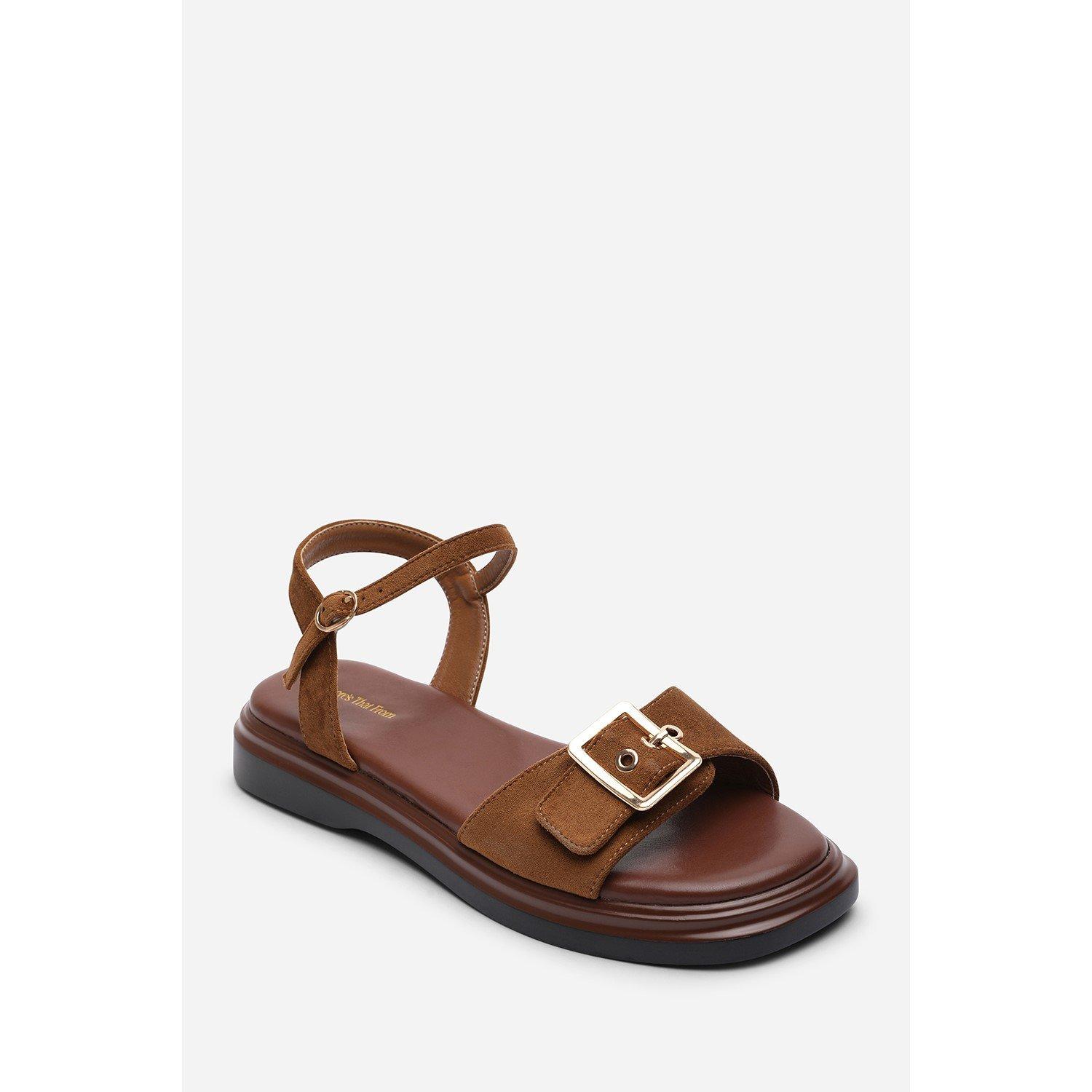 Cognac - Wheres That From - Coastal Front Buckle Flatform Cognac Suede Sandal - 3