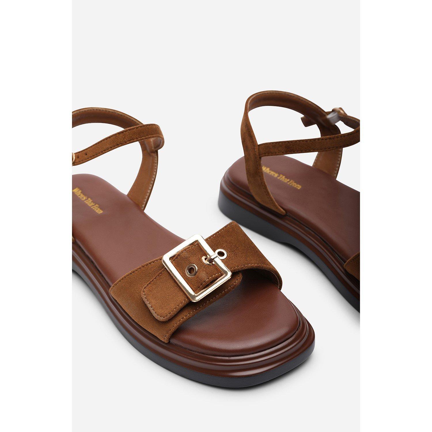 Cognac - Wheres That From - Coastal Front Buckle Flatform Cognac Suede Sandal - 5