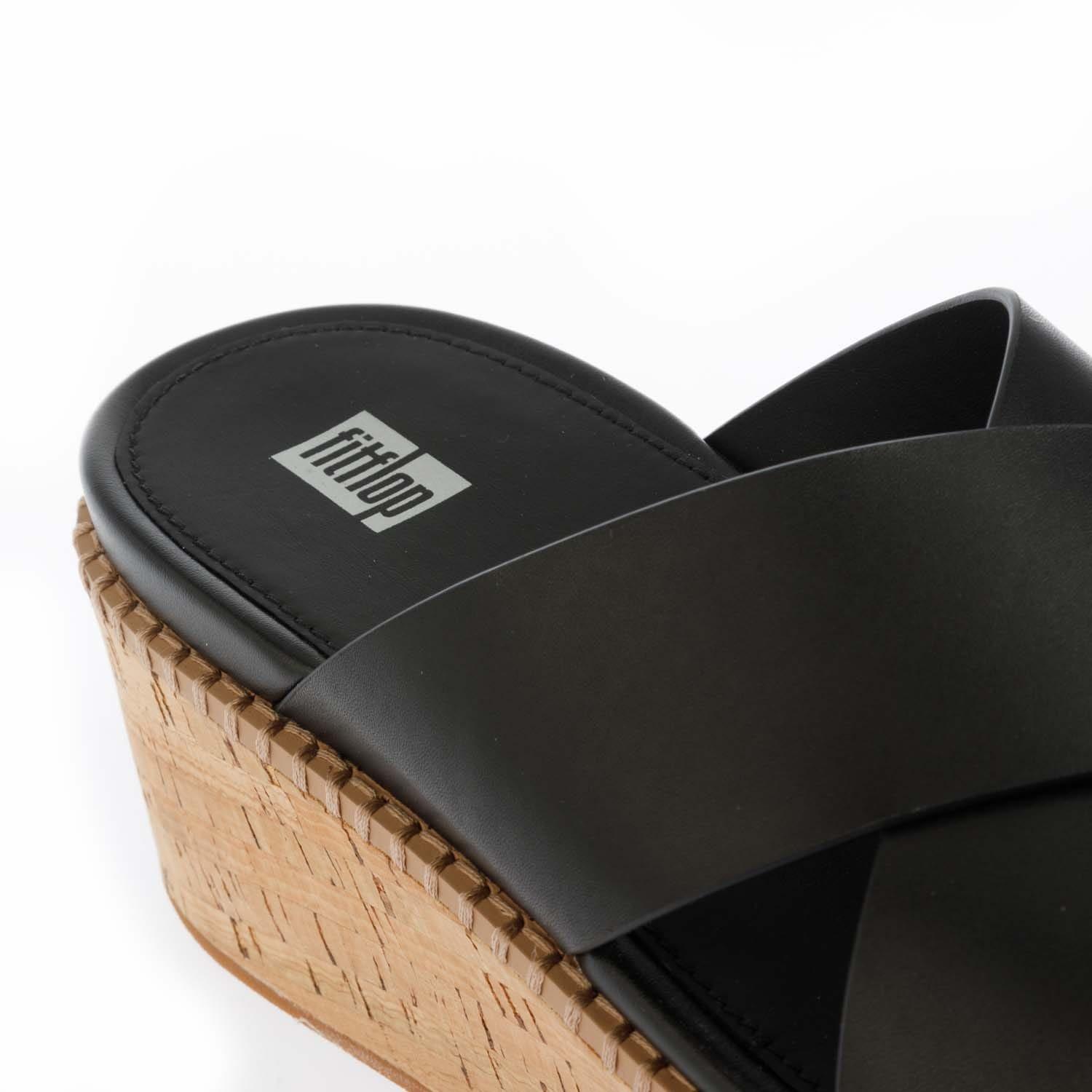 Black - Fitflop - Eloise Leather Wedge Cross Slide Sandals - 5