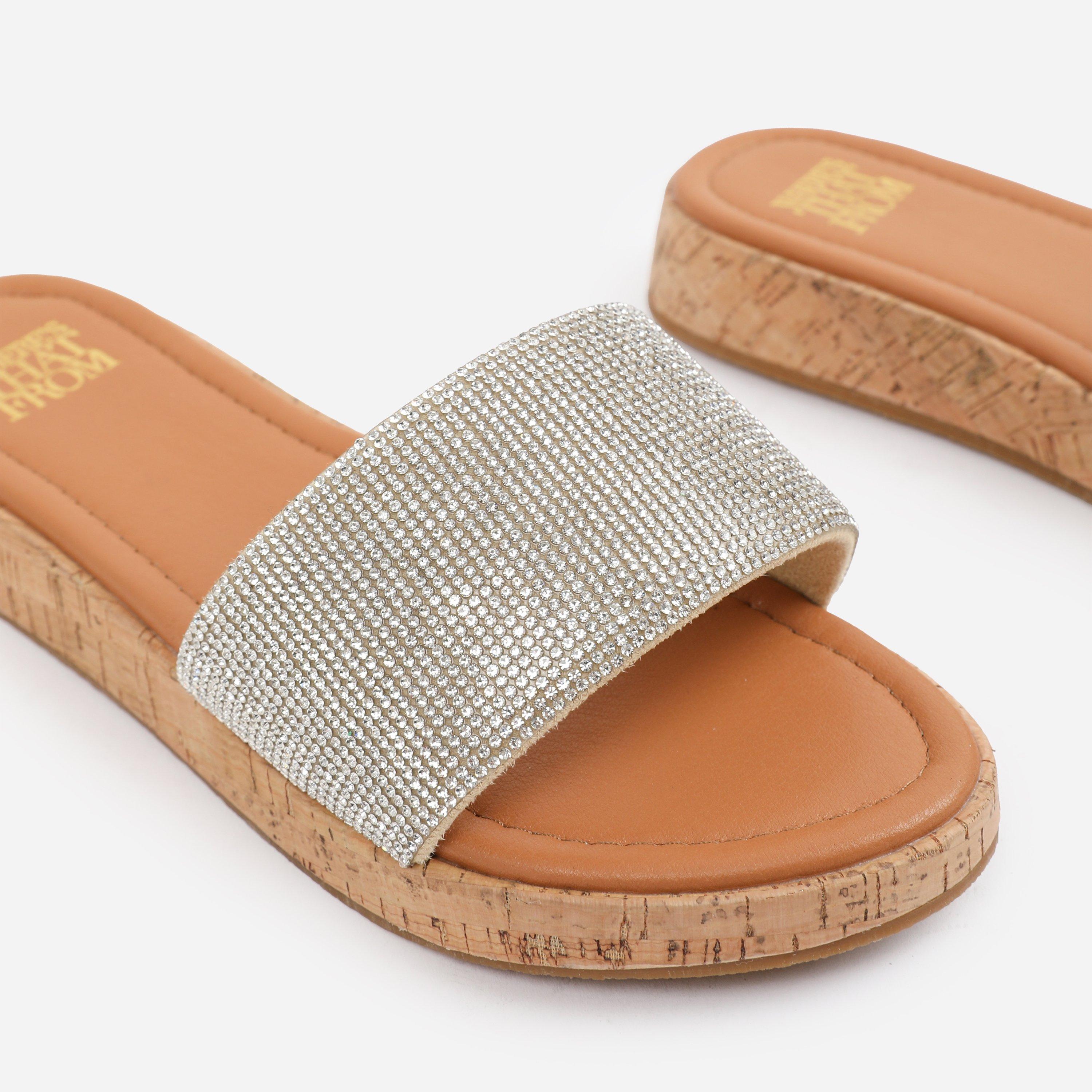 Cream - Wheres That From - Clear Diamante Nude Ember Flatform Sliders - 4