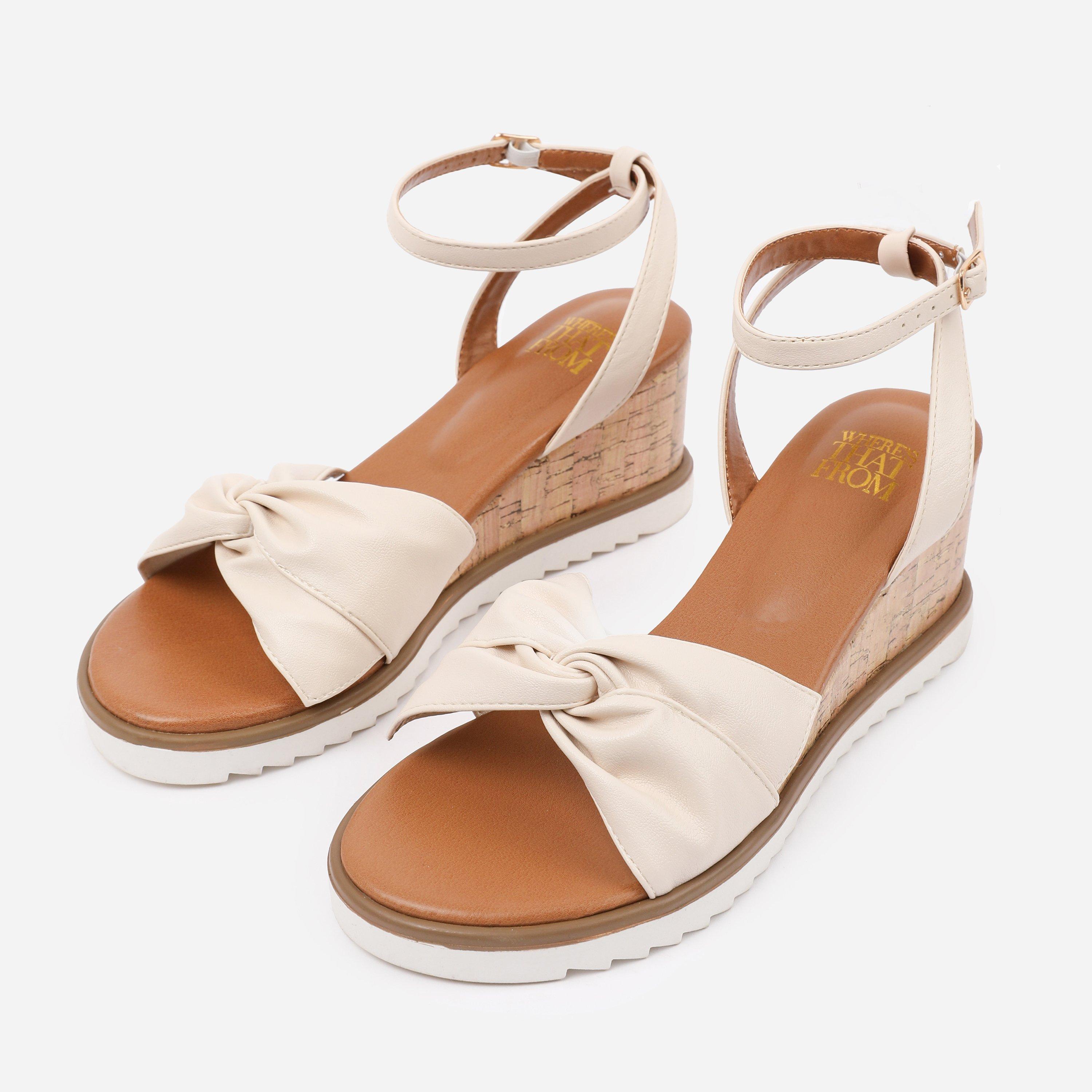 Cream - Wheres That From - Cream PU Katara Knot Detail Wedge Shoes - 3