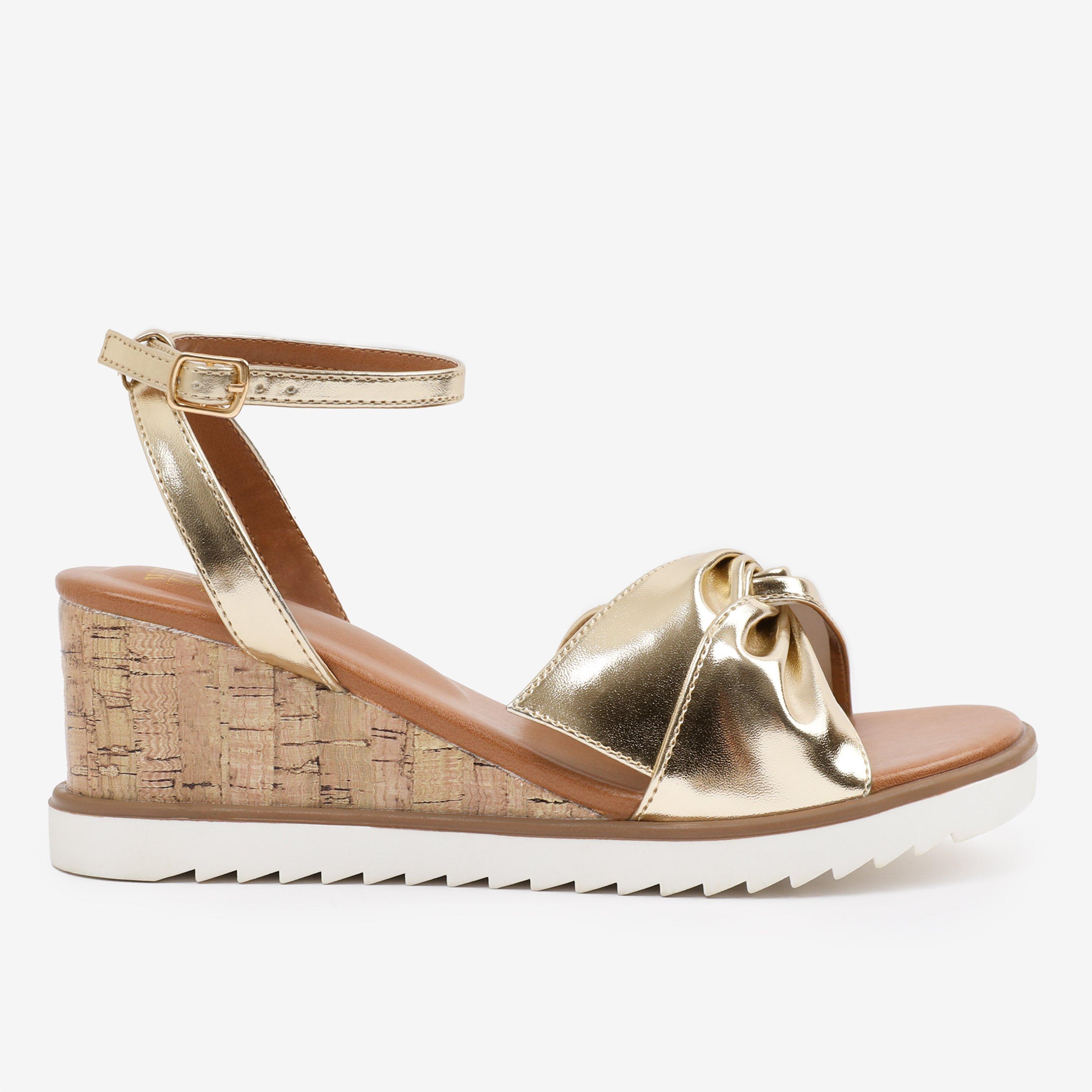 Metallic Gold - Wheres That From - Gold-PU Katara Wide-Fit Knot Detail Wedge Shoes - 1