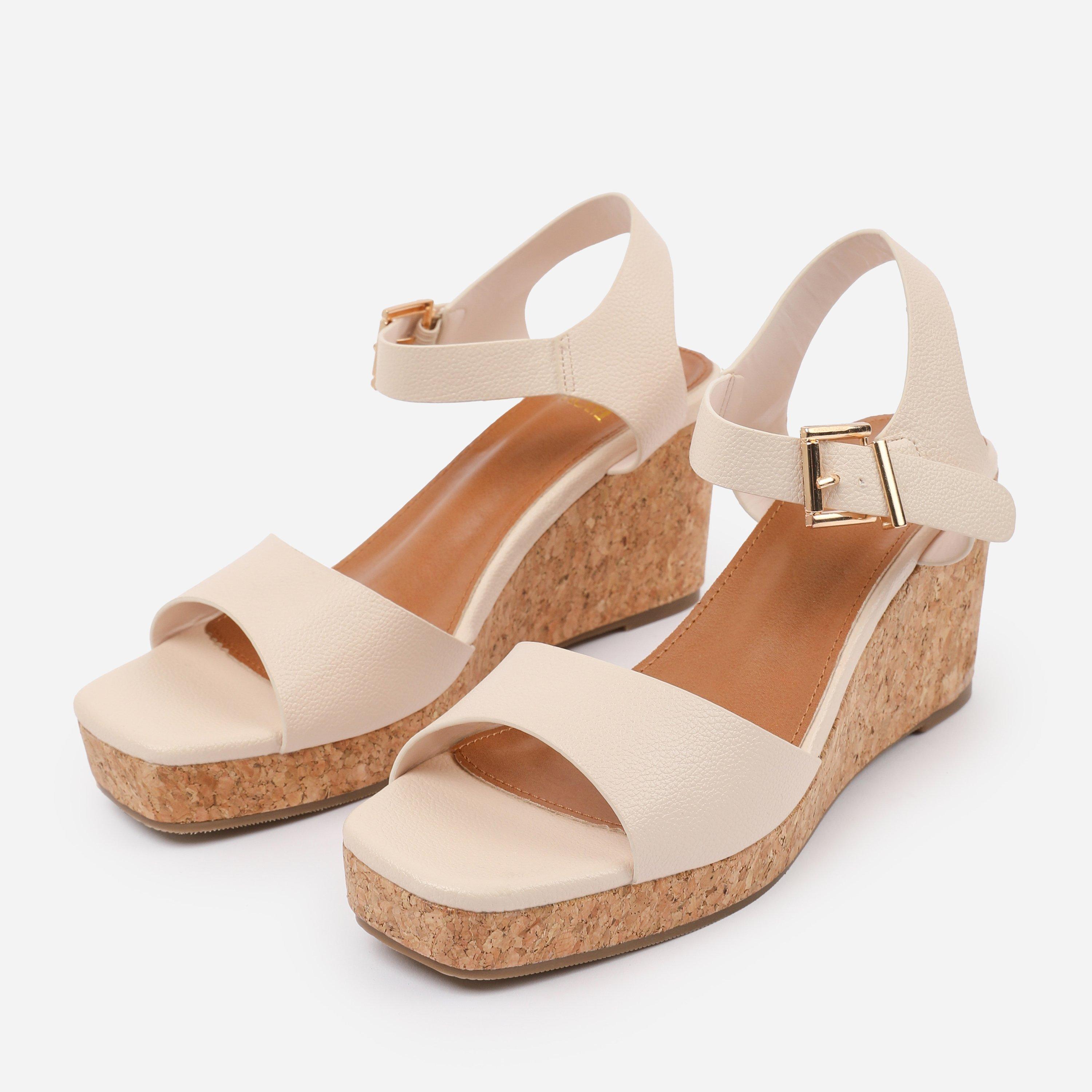 Cream - Wheres That From - CreamPU Giselle Wedge Sandals With Buckle-Ankle-St - 3