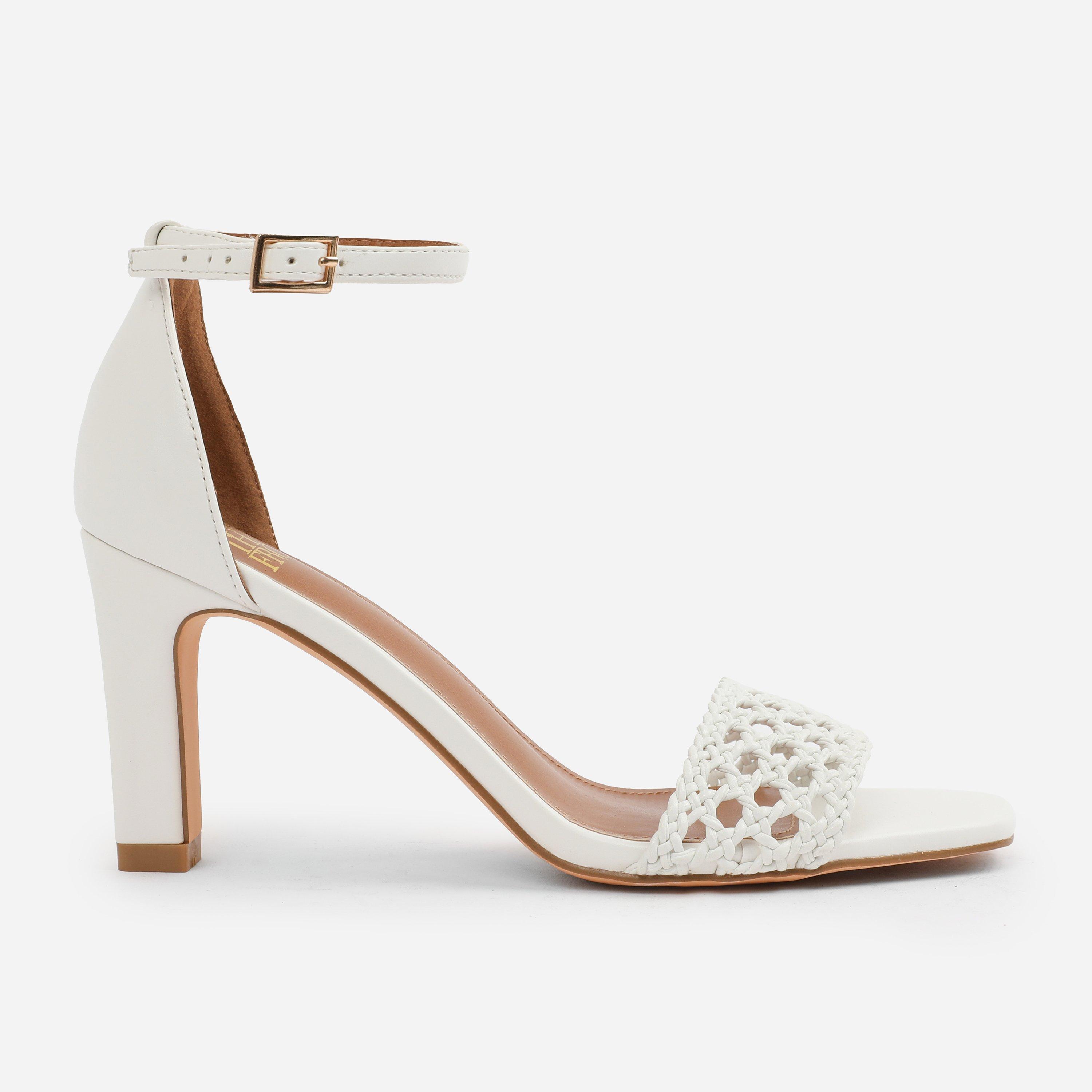 White - Wheres That From - White PU Naia Braided Strappy Block Heel - 1