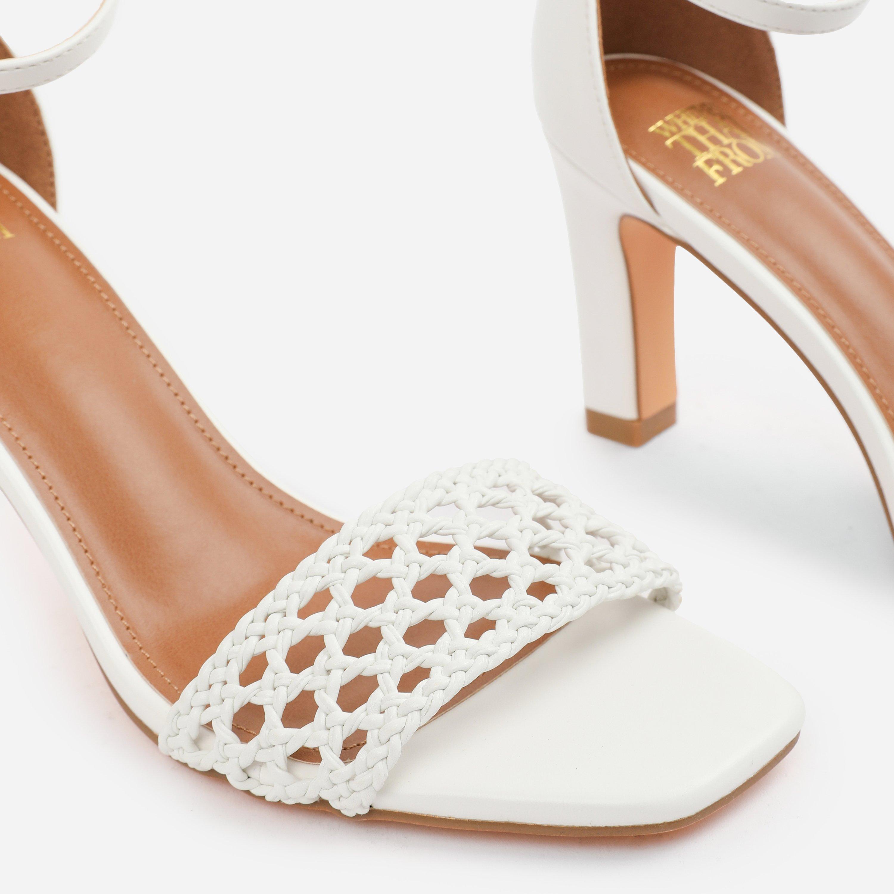 White - Wheres That From - White PU Naia Braided Strappy Block Heel - 4