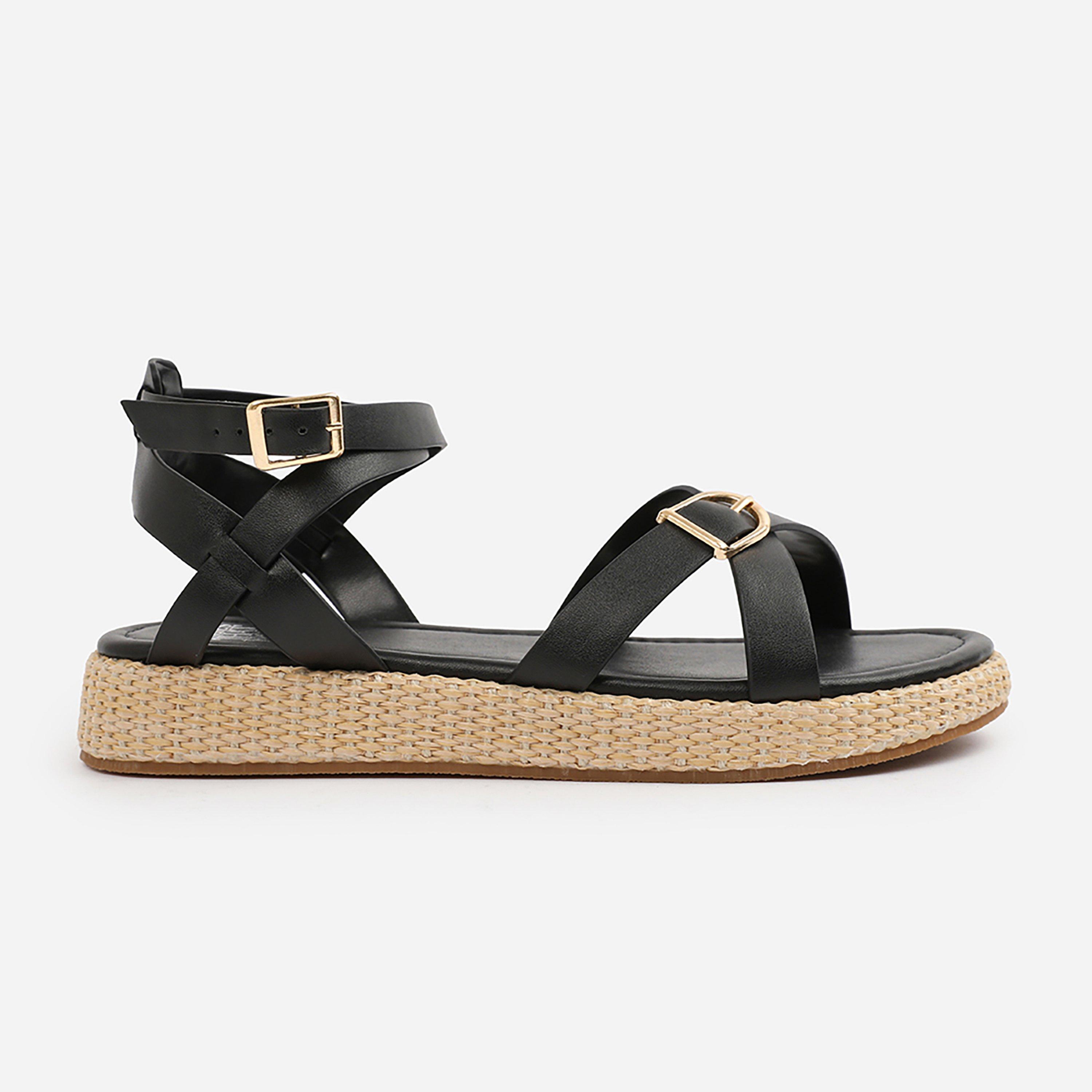 Black - Wheres That From - Black PU Alora Cross-Over Buckle Strap Sandals - 1