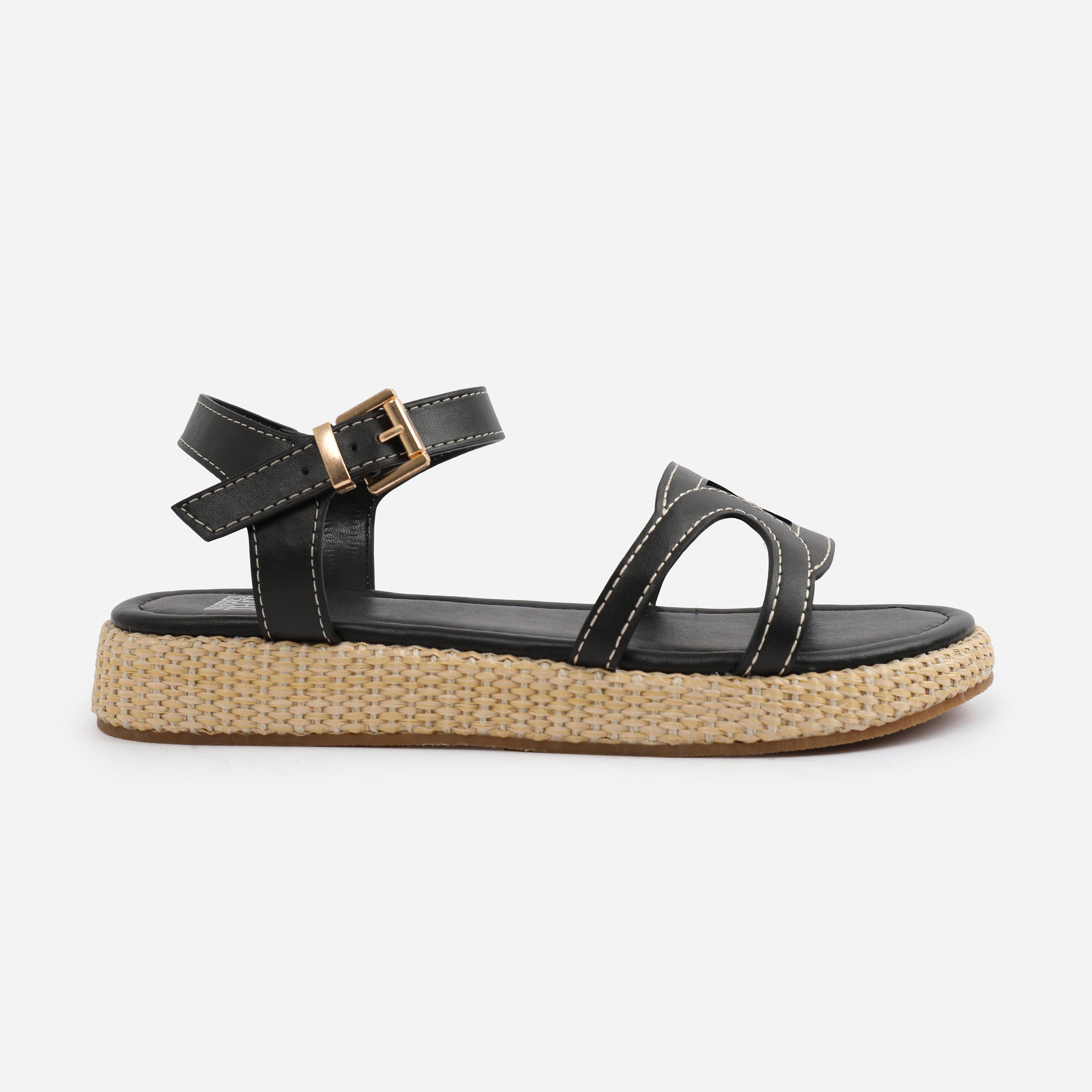 Black - Wheres That From - Black PU Sofia Wide Fit Flatform Sandal - 1