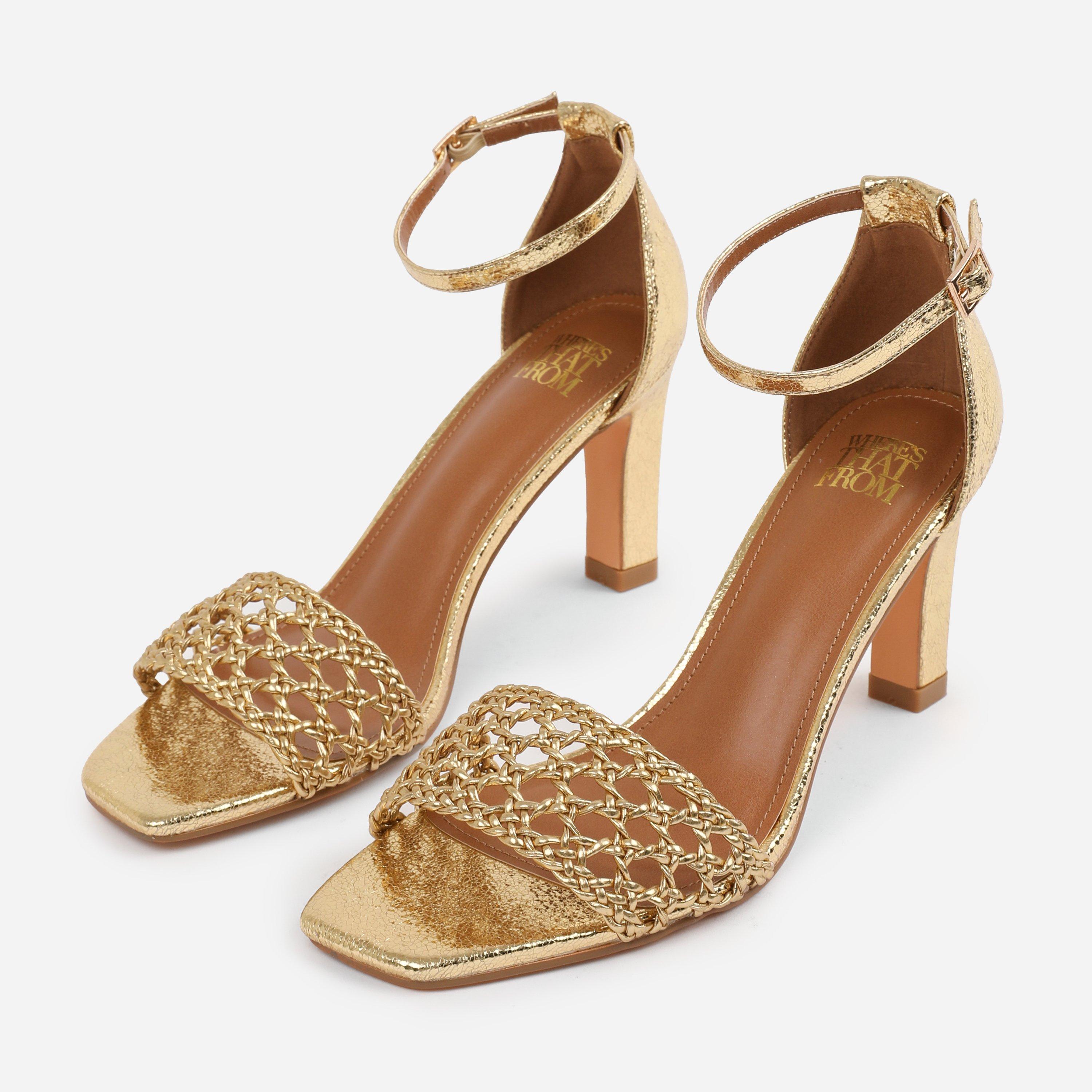 Gold - Wheres That From - Gold PU Naia Braided Strappy Block Heel - 3