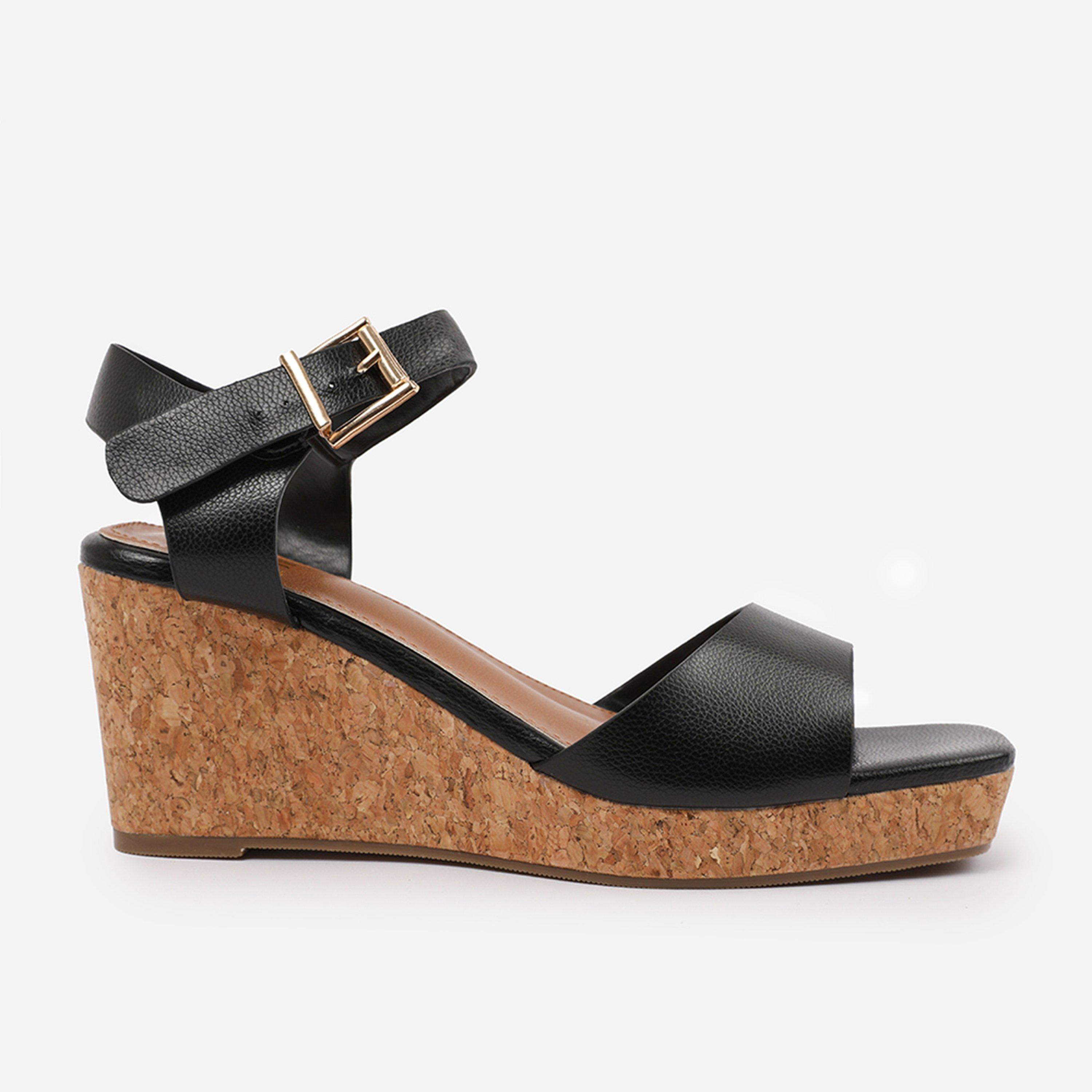 Wheres That From BlackPU Giselle Wedge Sandals With Buckle-Ankle-St