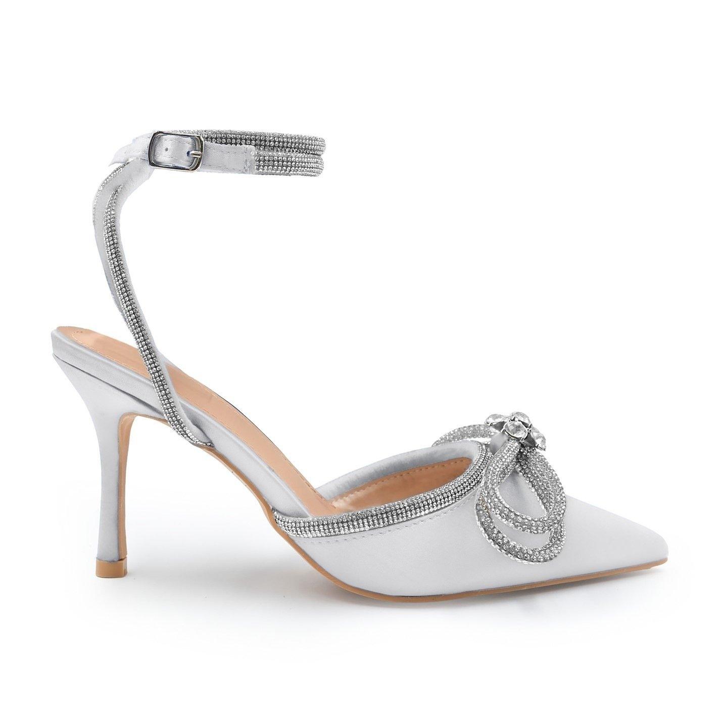 Silver - Wheres That From - Pointed Toe High Heels With Diamante Bow - 3