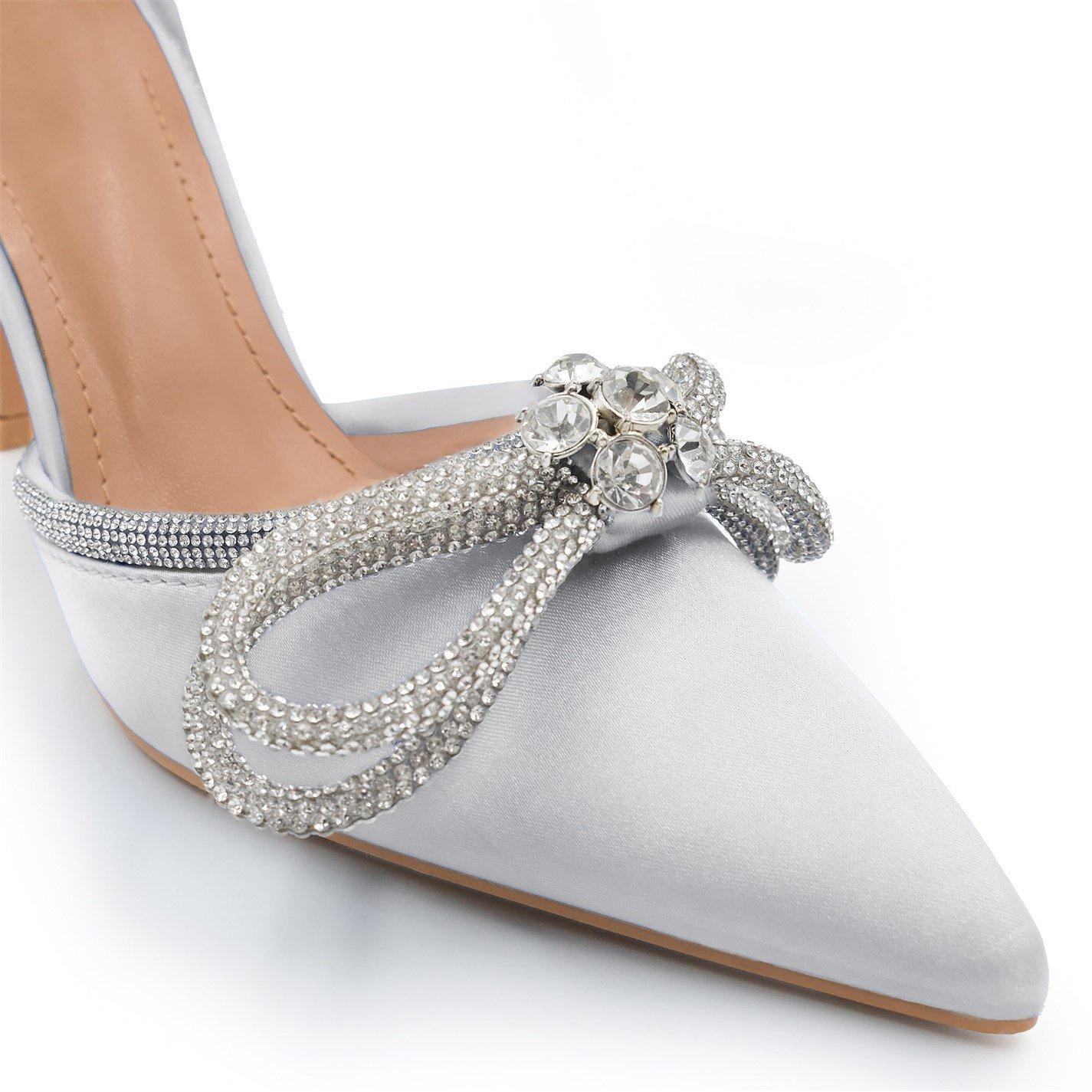 Silver - Wheres That From - Pointed Toe High Heels With Diamante Bow - 4