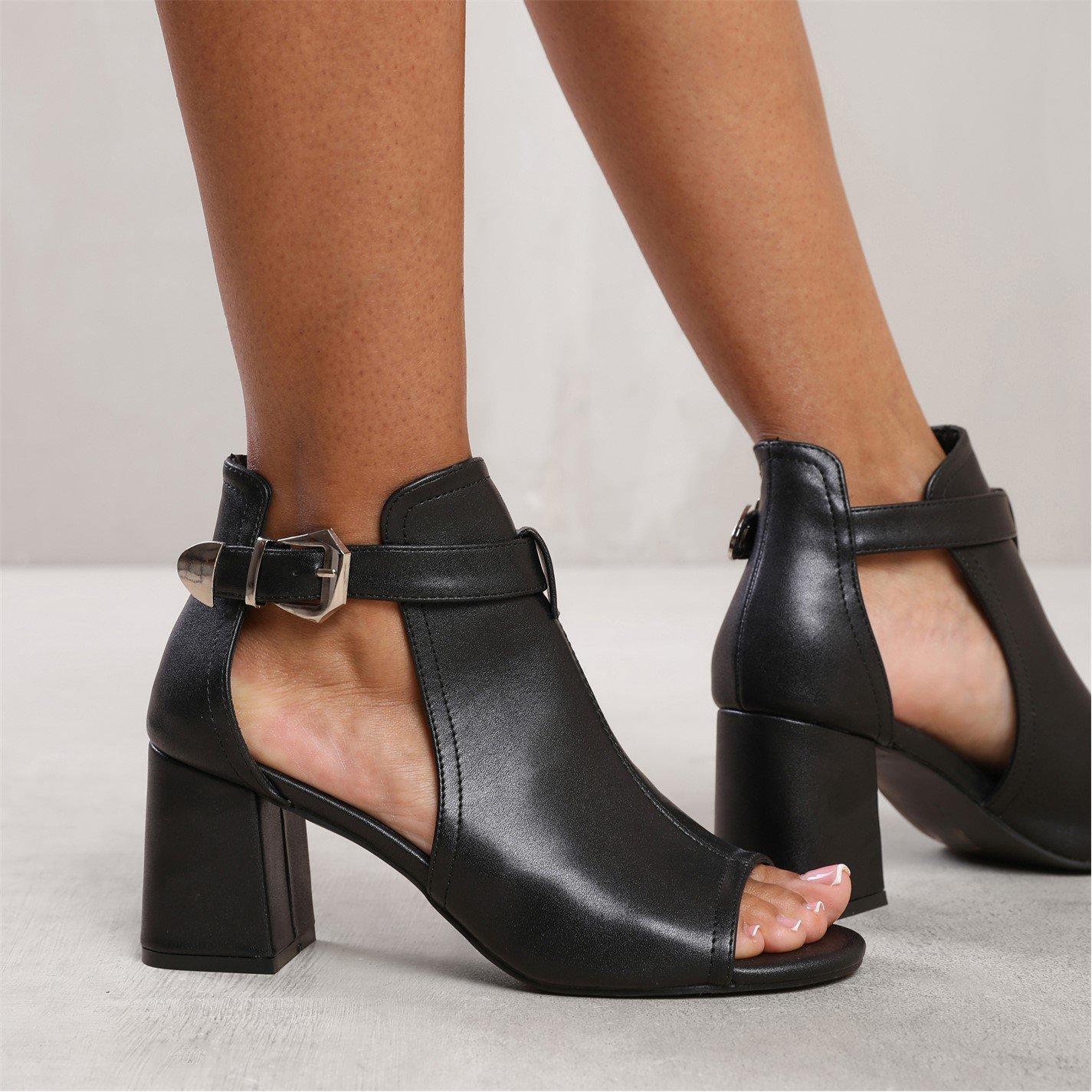 Black Pu - Wheres That From - Lisa Wide Fit Block Heel With Side Buckle And Open - 2