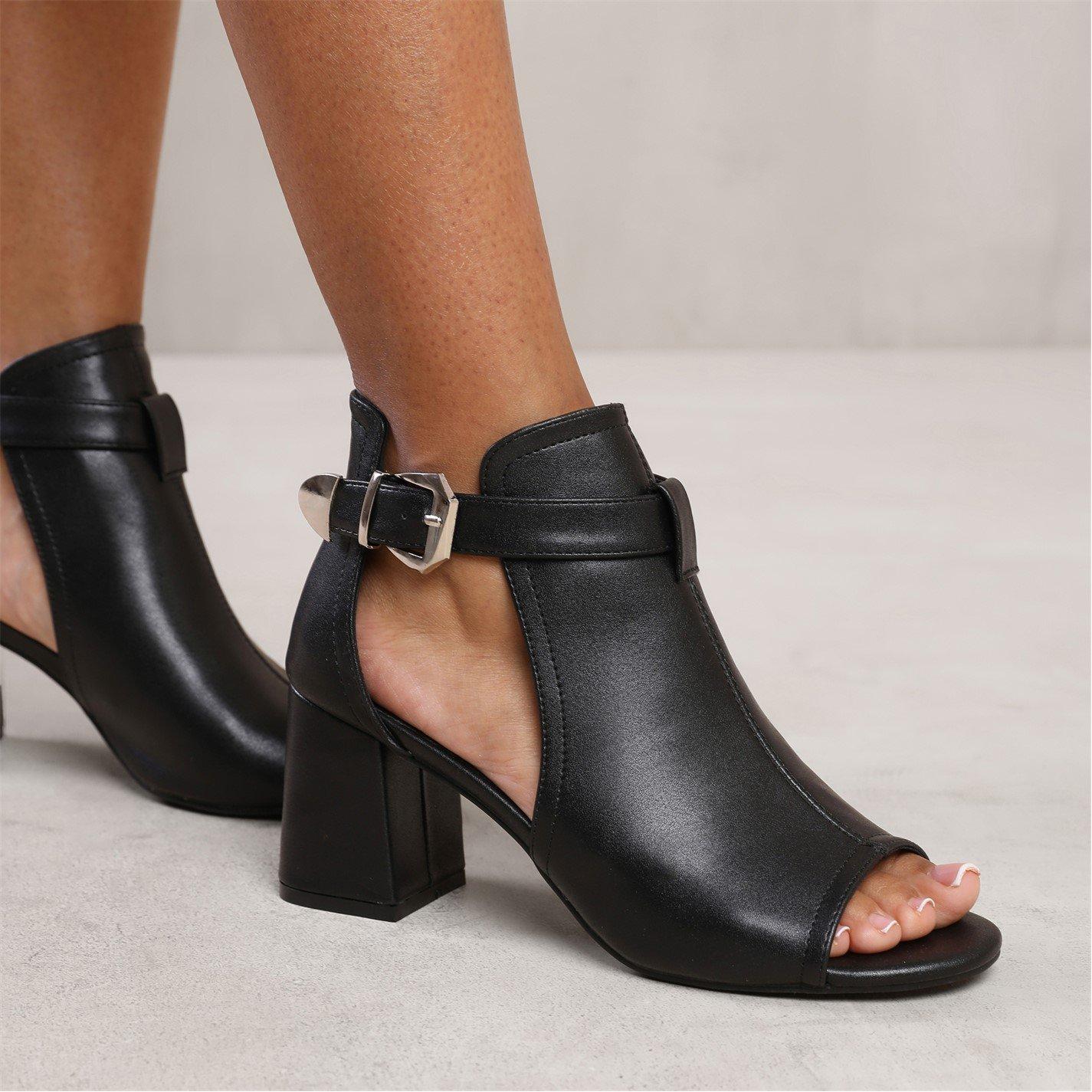 Black Pu - Wheres That From - Lisa Wide Fit Block Heel With Side Buckle And Open - 3