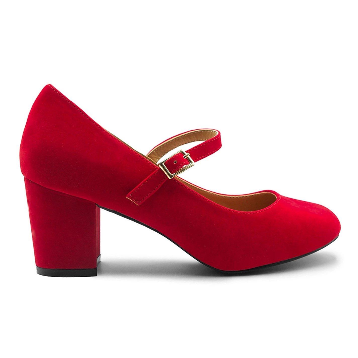 Redsuede - Wheres That From - Araceli Wide Fit Block Heel Mary Jane Pumps In Red - 1