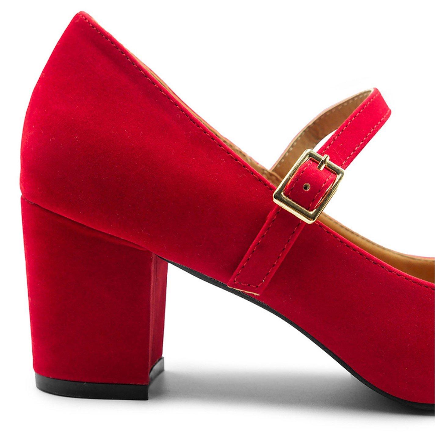 Redsuede - Wheres That From - Araceli Wide Fit Block Heel Mary Jane Pumps In Red - 4