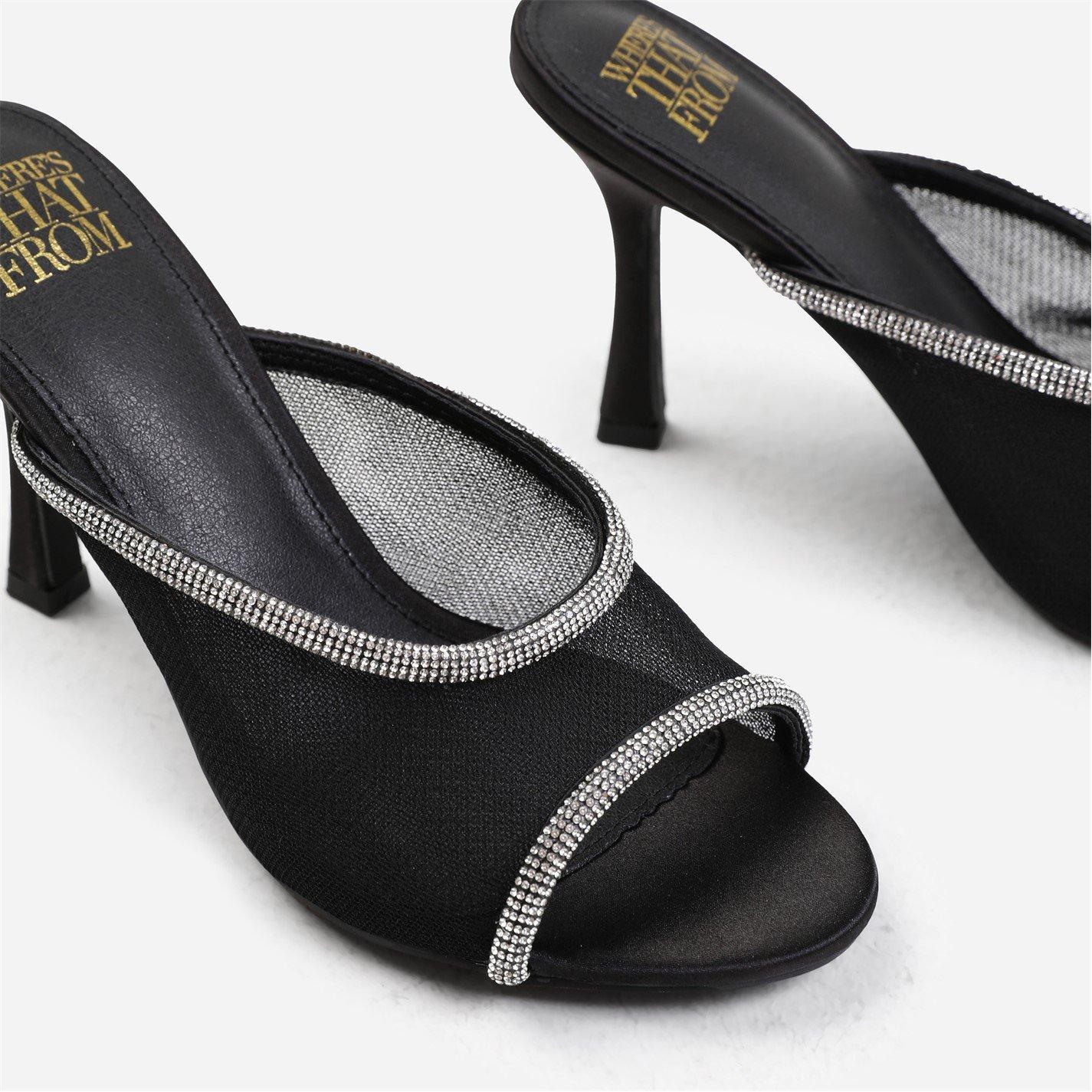 Black Satin - Wheres That From - Portugal Open Toe Mules With Crystal Trim In Black - 4