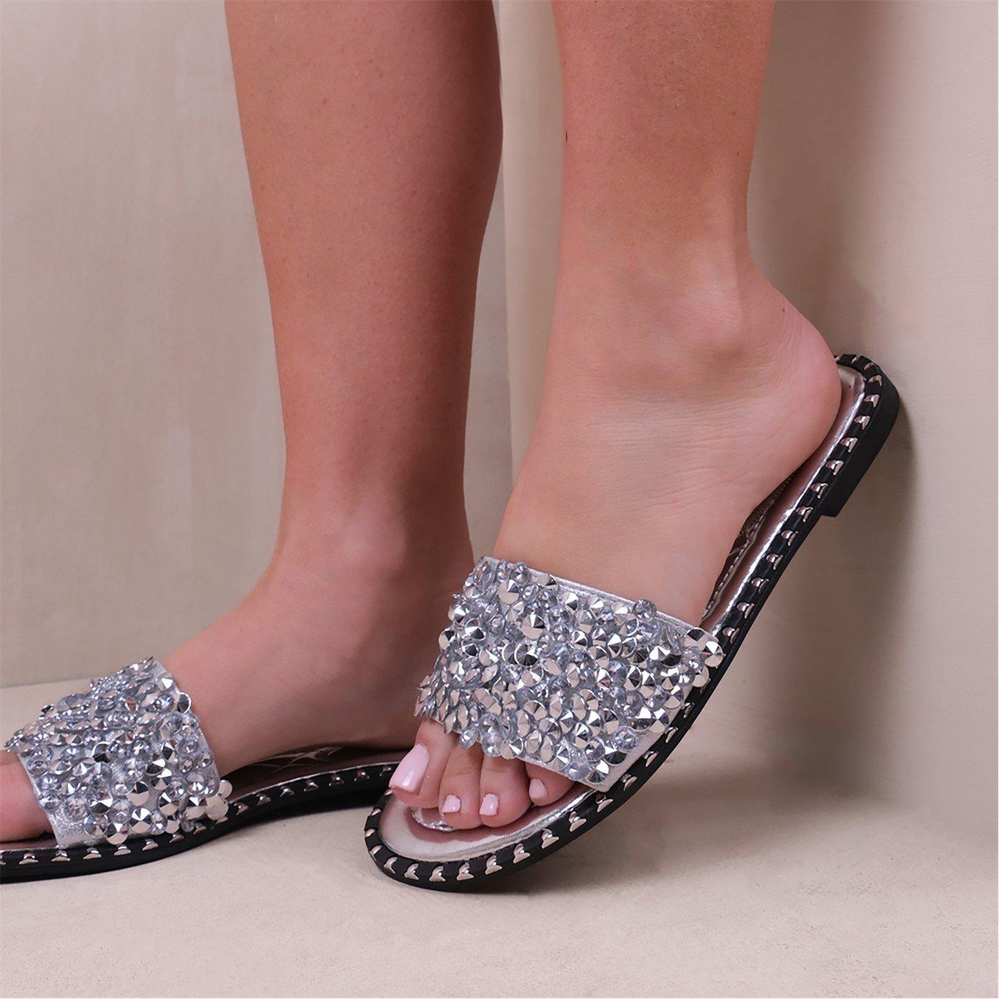 Silver - Wheres That From - Silver Belle Diamante Sparkly Flat Sliders - 2
