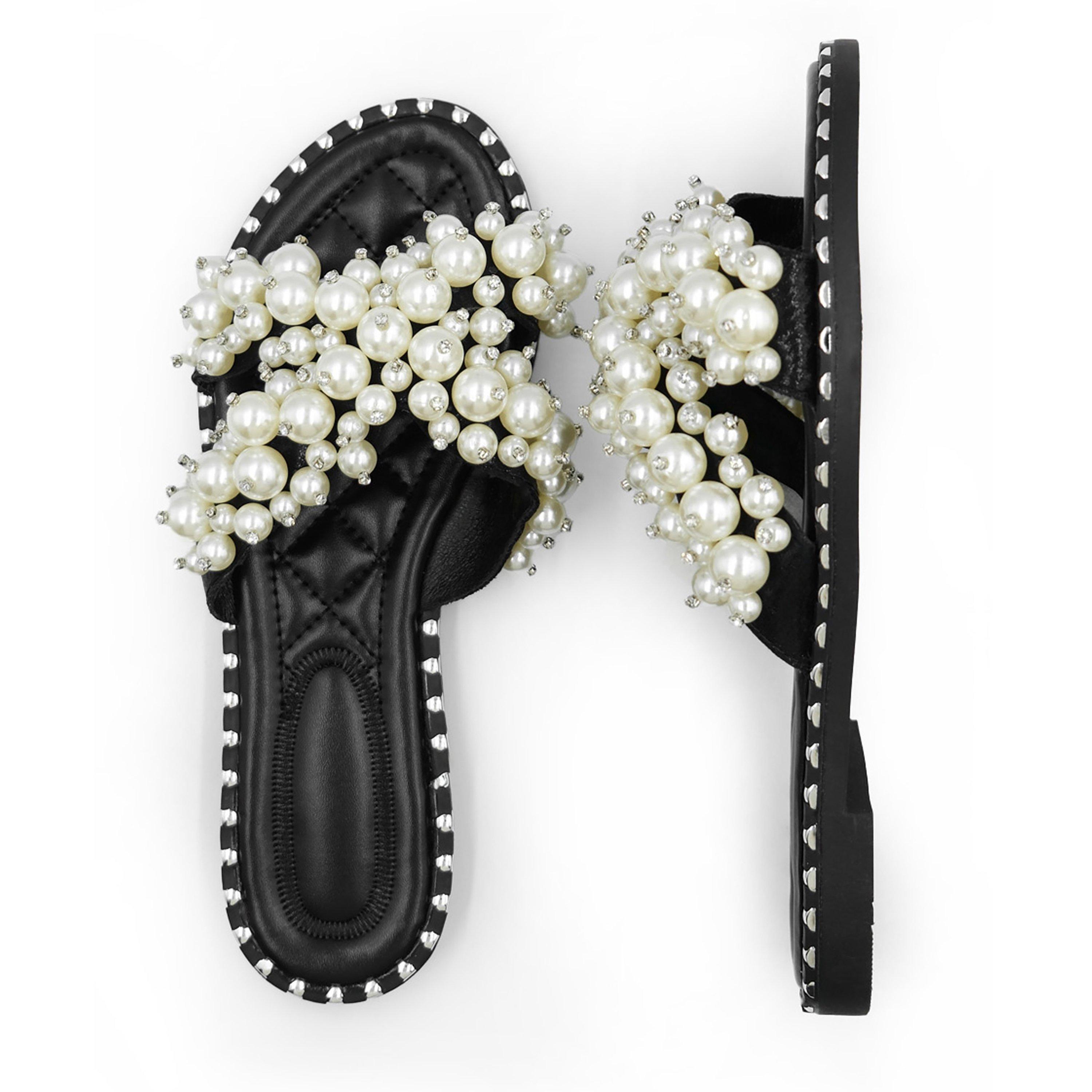 Black - Wheres That From - Black Eve Pearl Embellished Flat Slider Sandals - 2