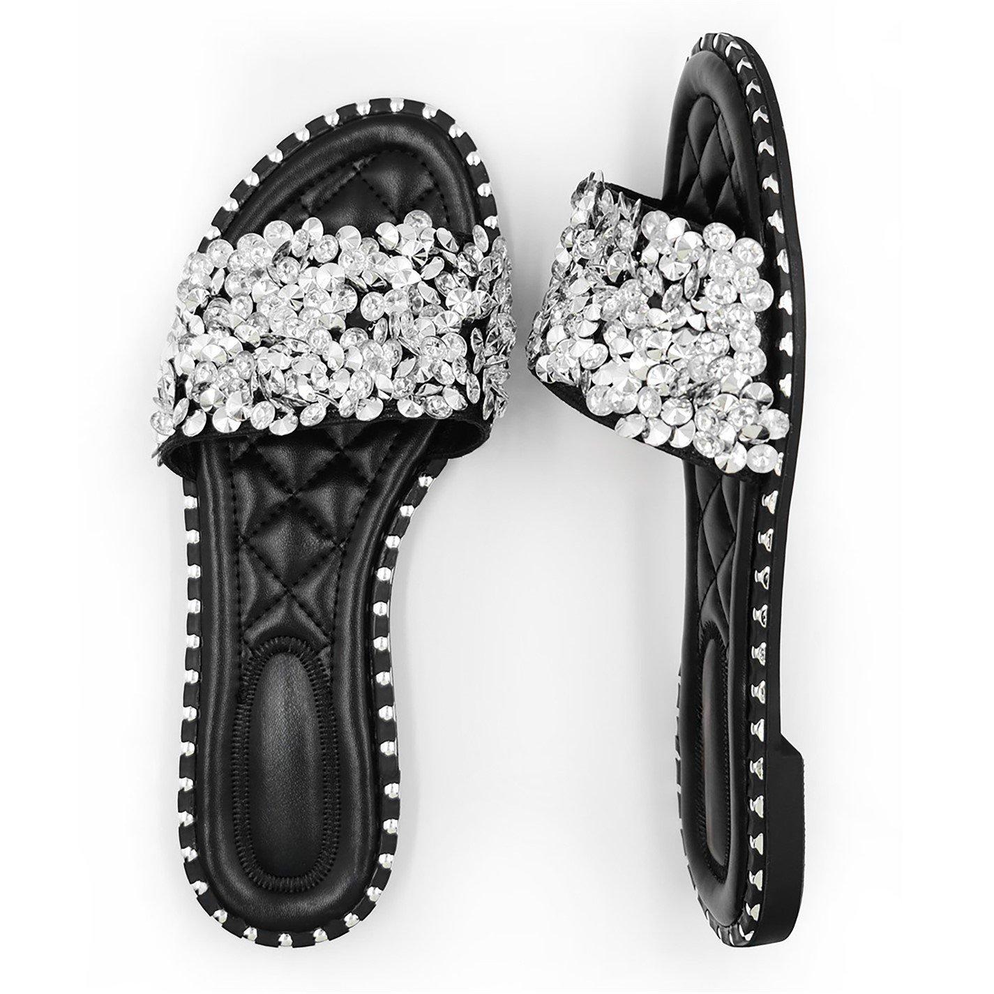 Black - Wheres That From - Diamante Sparkly Flat Sliders - 3