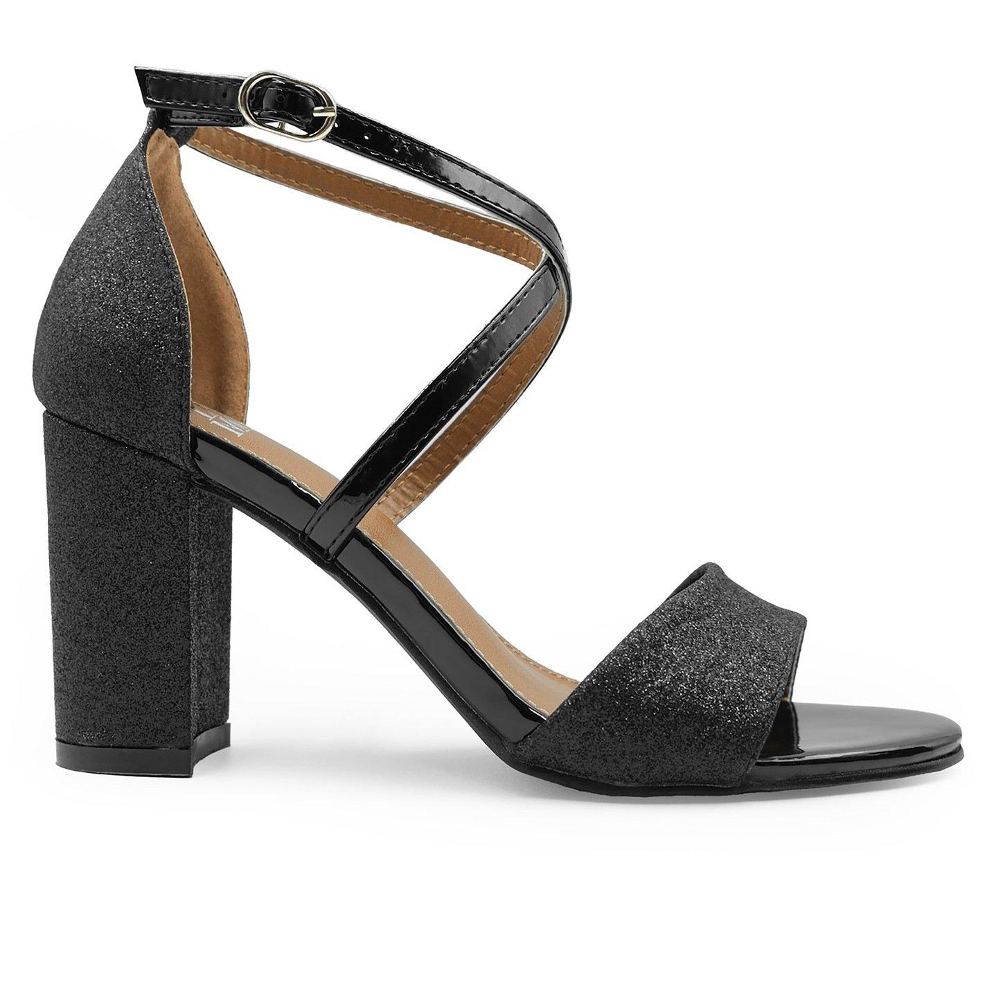 Black Glitter - Wheres That From - Ruth Extra Wide Fit High Block Heel Sandals With C - 1
