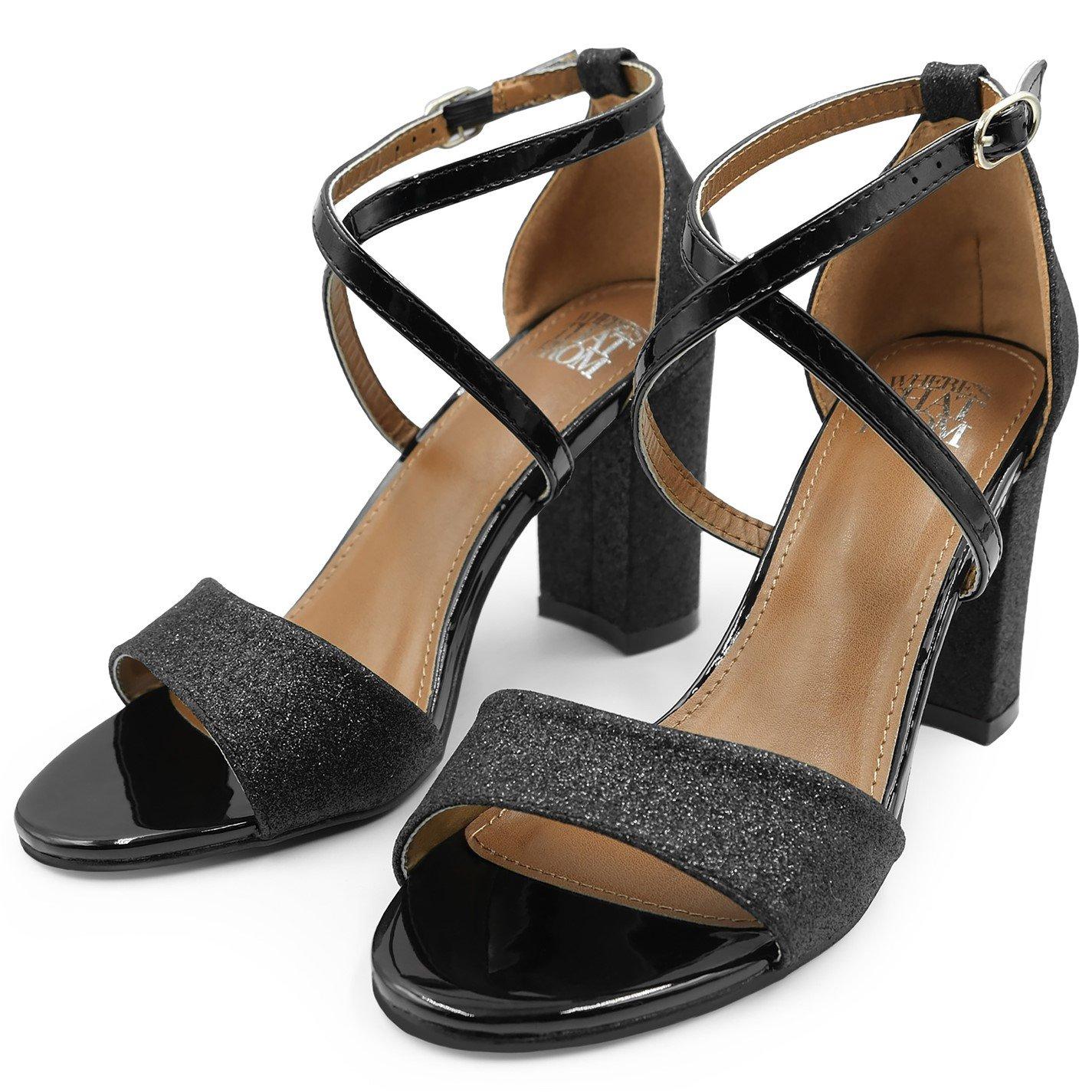 Black Glitter - Wheres That From - Ruth Extra Wide Fit High Block Heel Sandals With C - 4