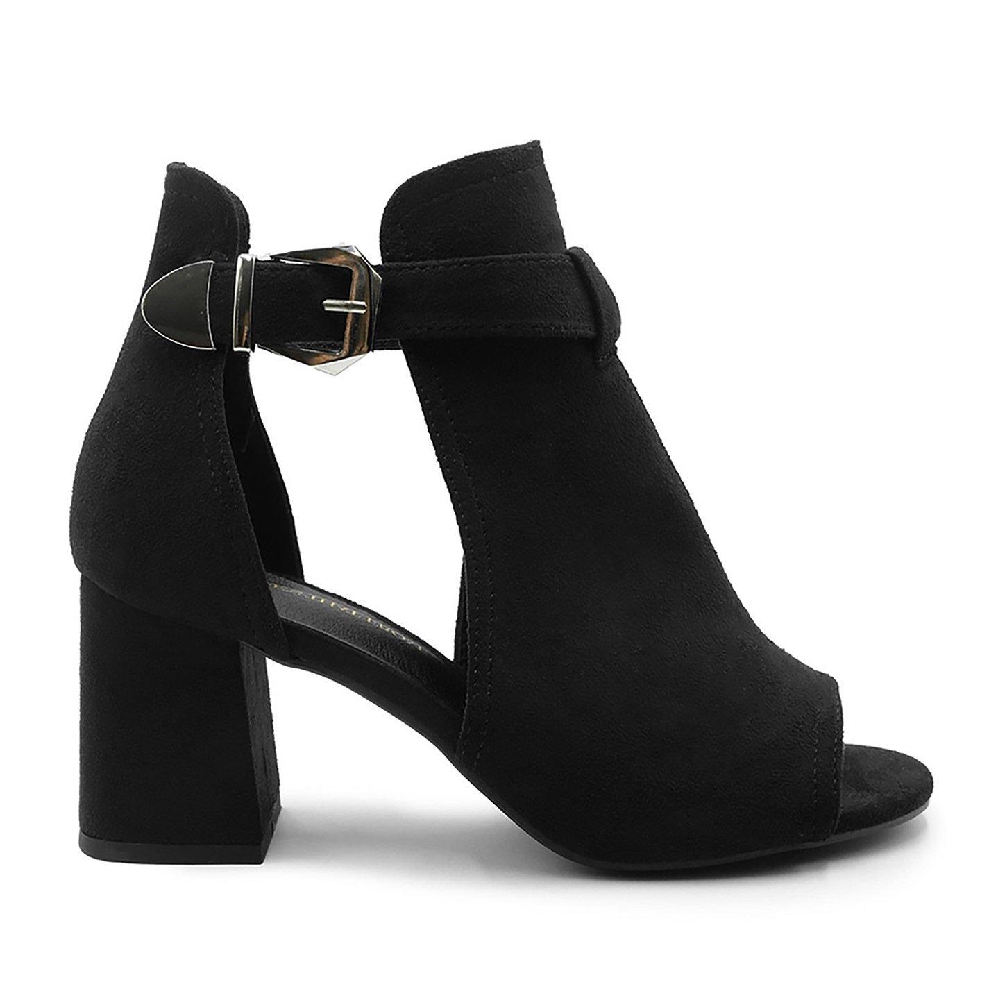 Black Suede - Wheres That From - Lisa Block Heel With Side Buckle And Open Toe Fron - 1