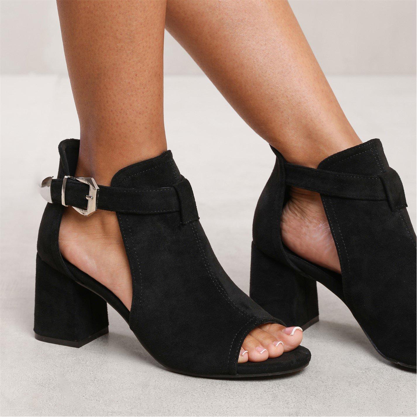 Black Suede - Wheres That From - Lisa Block Heel With Side Buckle And Open Toe Fron - 2