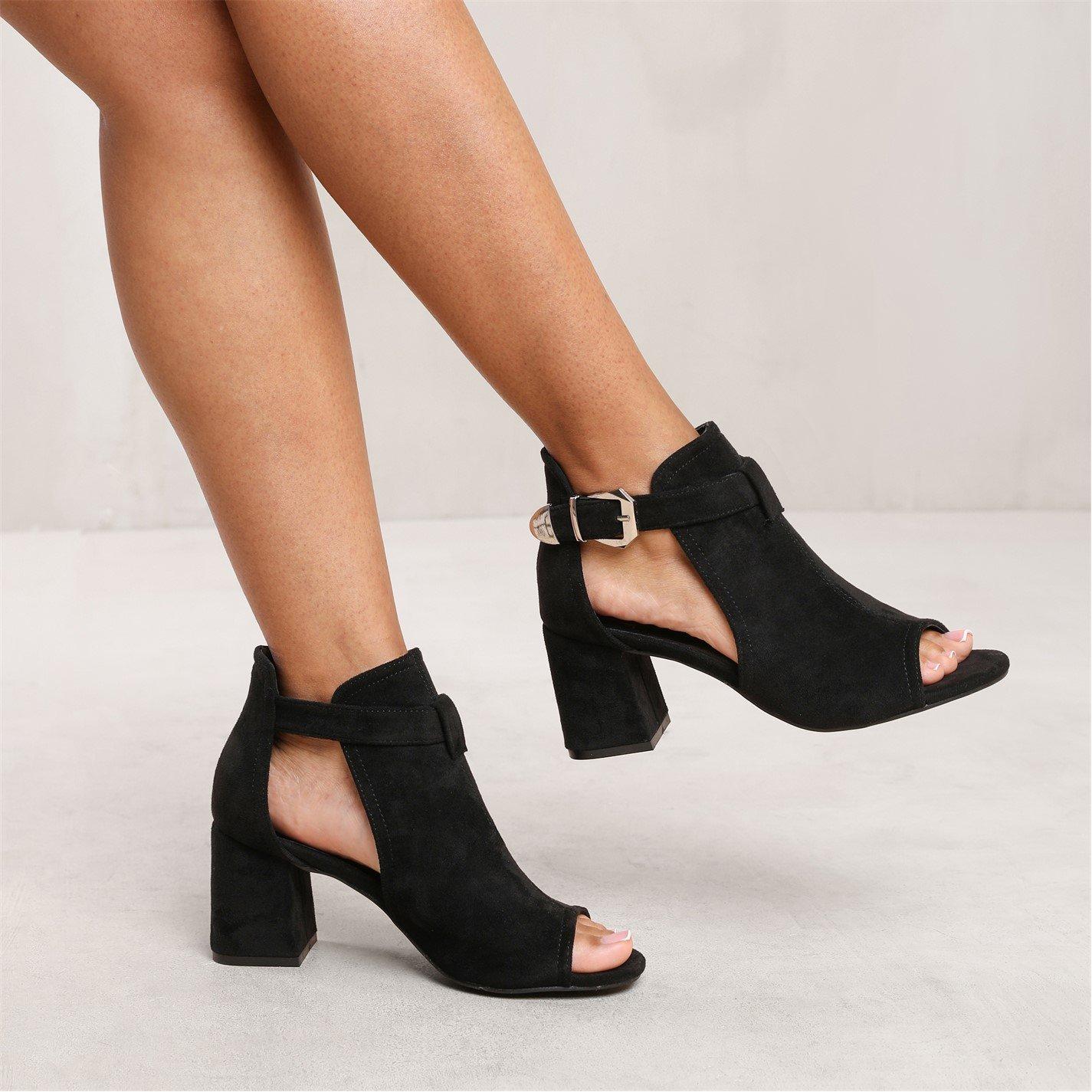 Black Suede - Wheres That From - Lisa Block Heel With Side Buckle And Open Toe Fron - 3