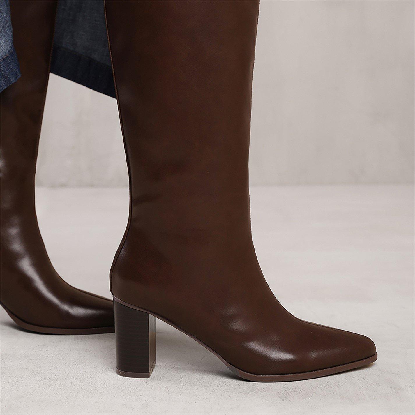 Dark Brown Pu - Wheres That From - Elder Block Heel Knee High Boots With Side Zip In - 3
