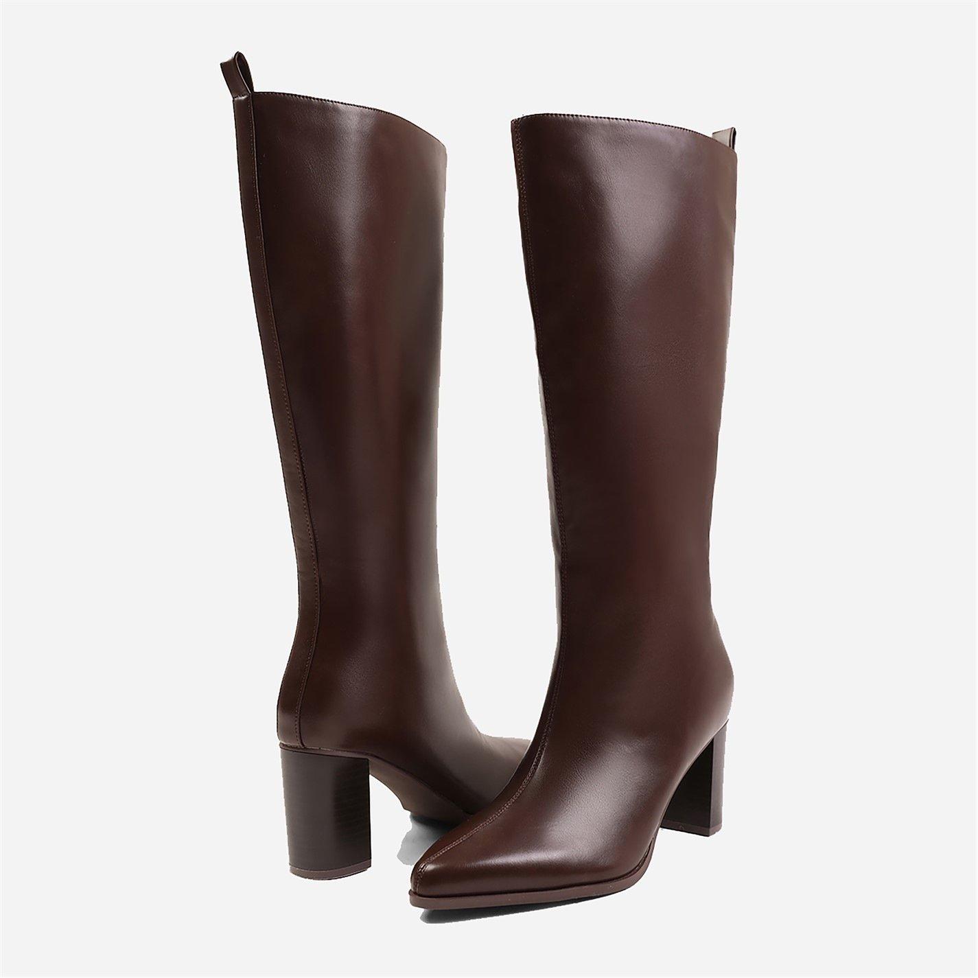 Dark Brown Pu - Wheres That From - Elder Block Heel Knee High Boots With Side Zip In - 4