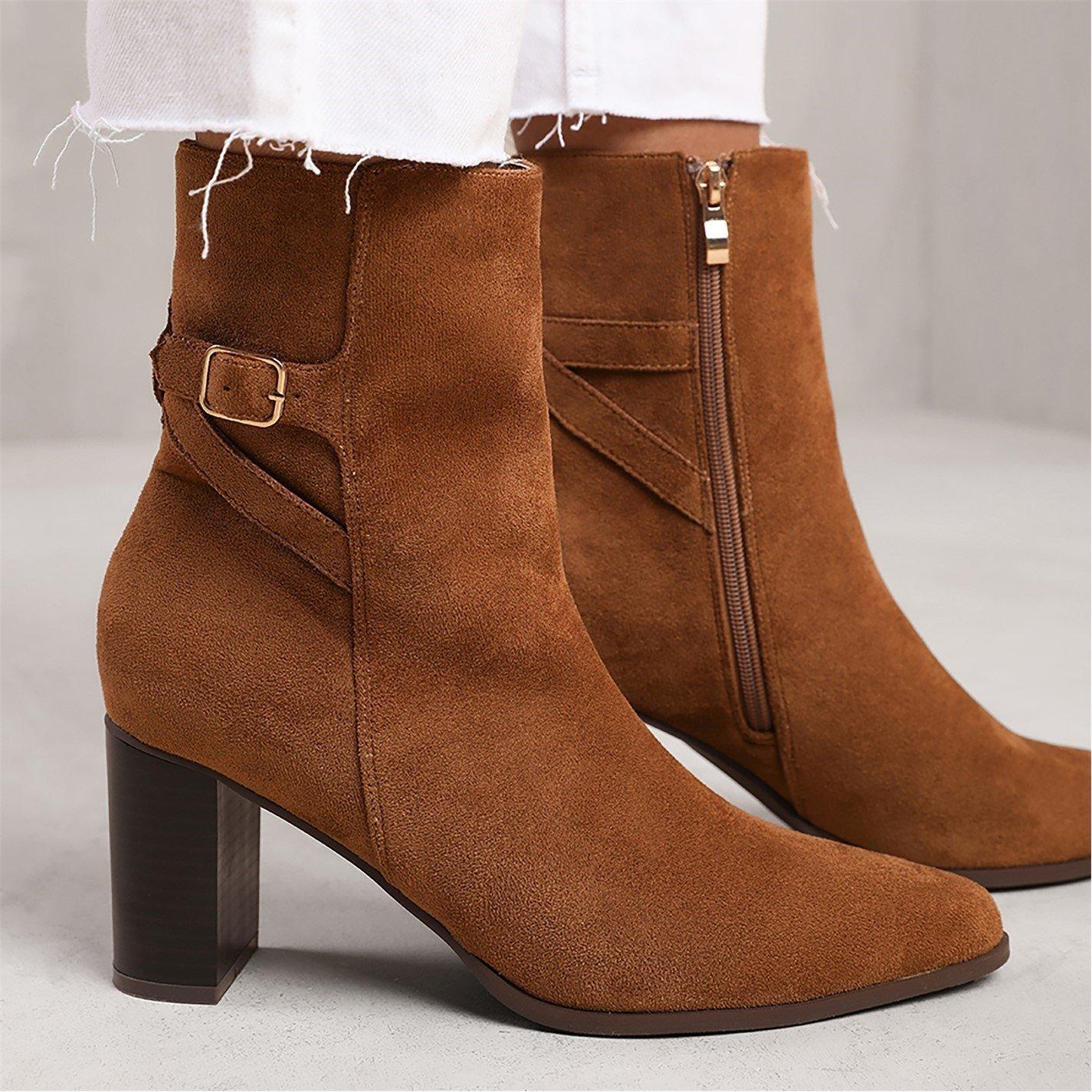 Cognacly Suede - Wheres That From - Block Heel Boot With Buckle Detail - 1