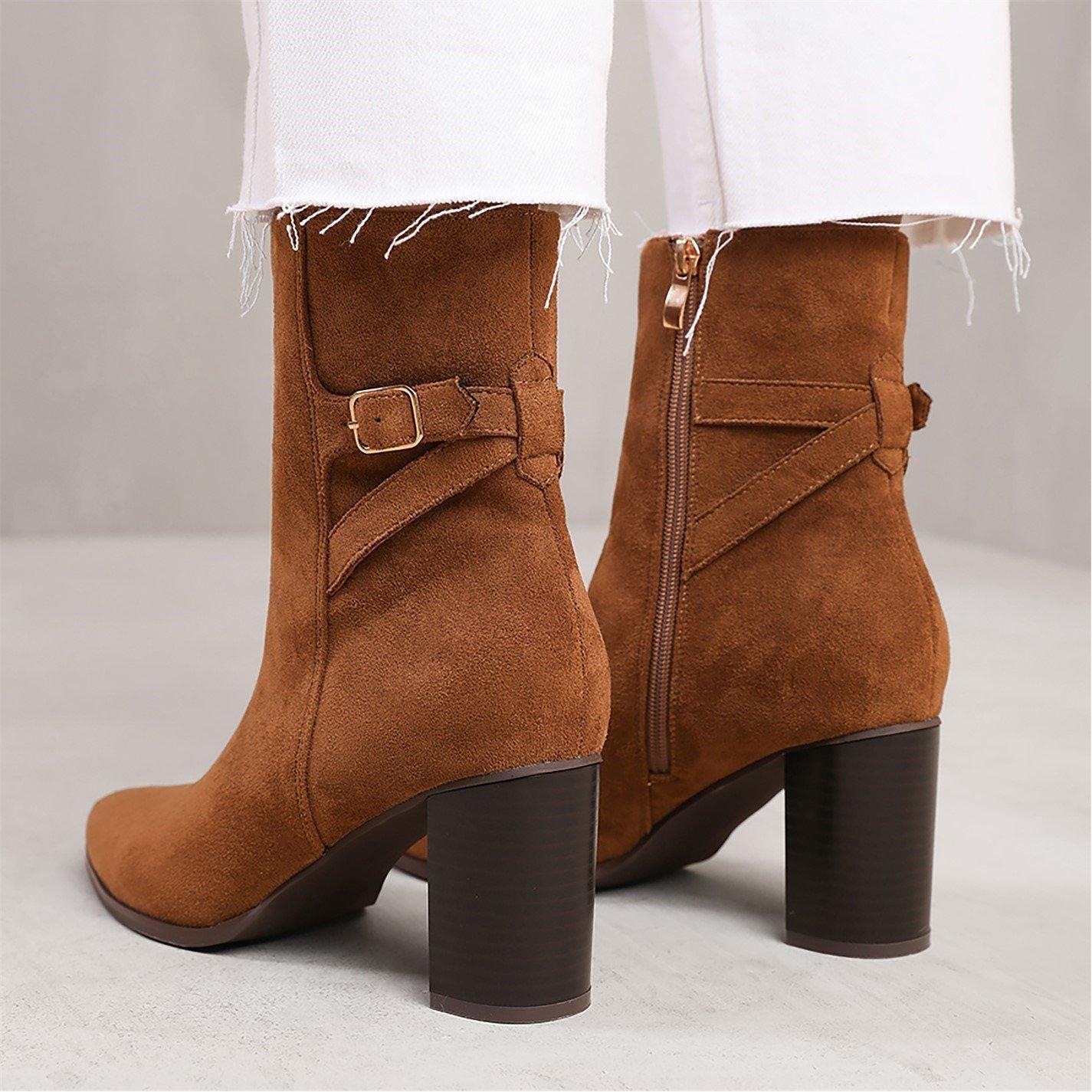 Cognacly Suede - Wheres That From - Block Heel Boot With Buckle Detail - 2