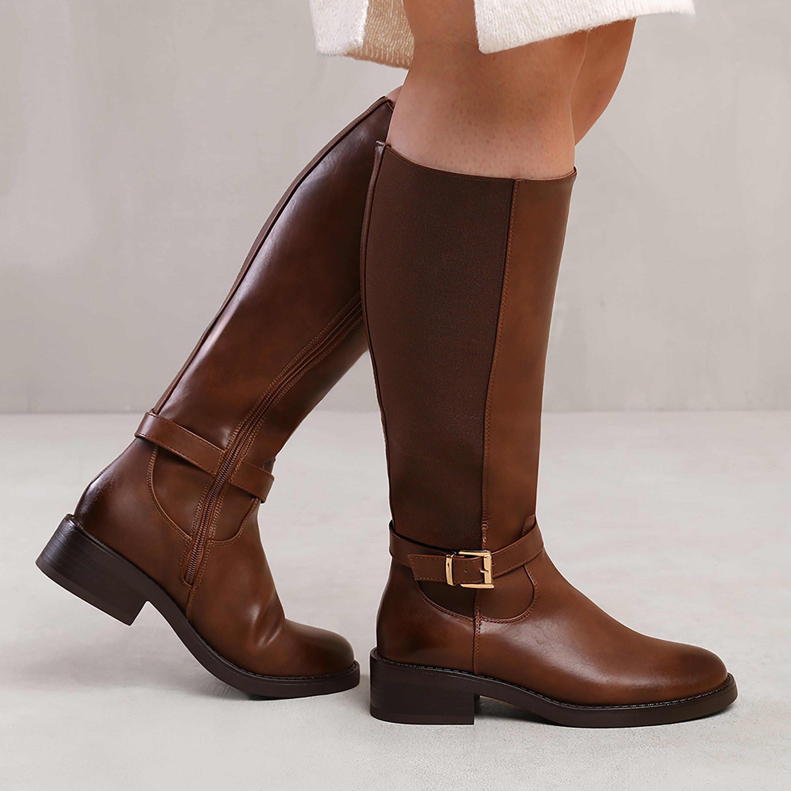 Brown Pu - Wheres That From - Micah Brown Stretch Wide-Calf Knee High Boots - 2