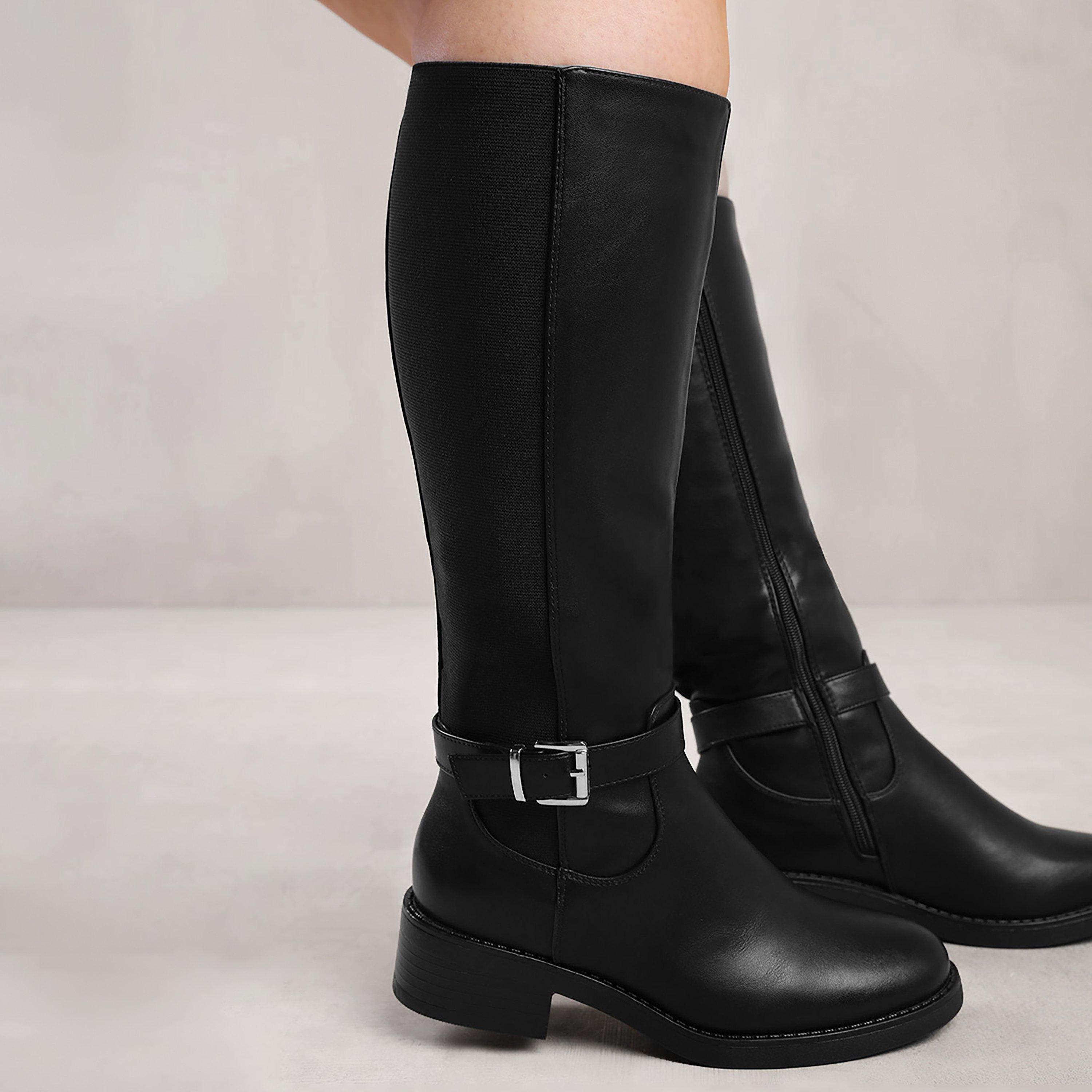 Black Pu - Wheres That From - Micah Black Stretch Wide-Calf Knee High Boots - 1