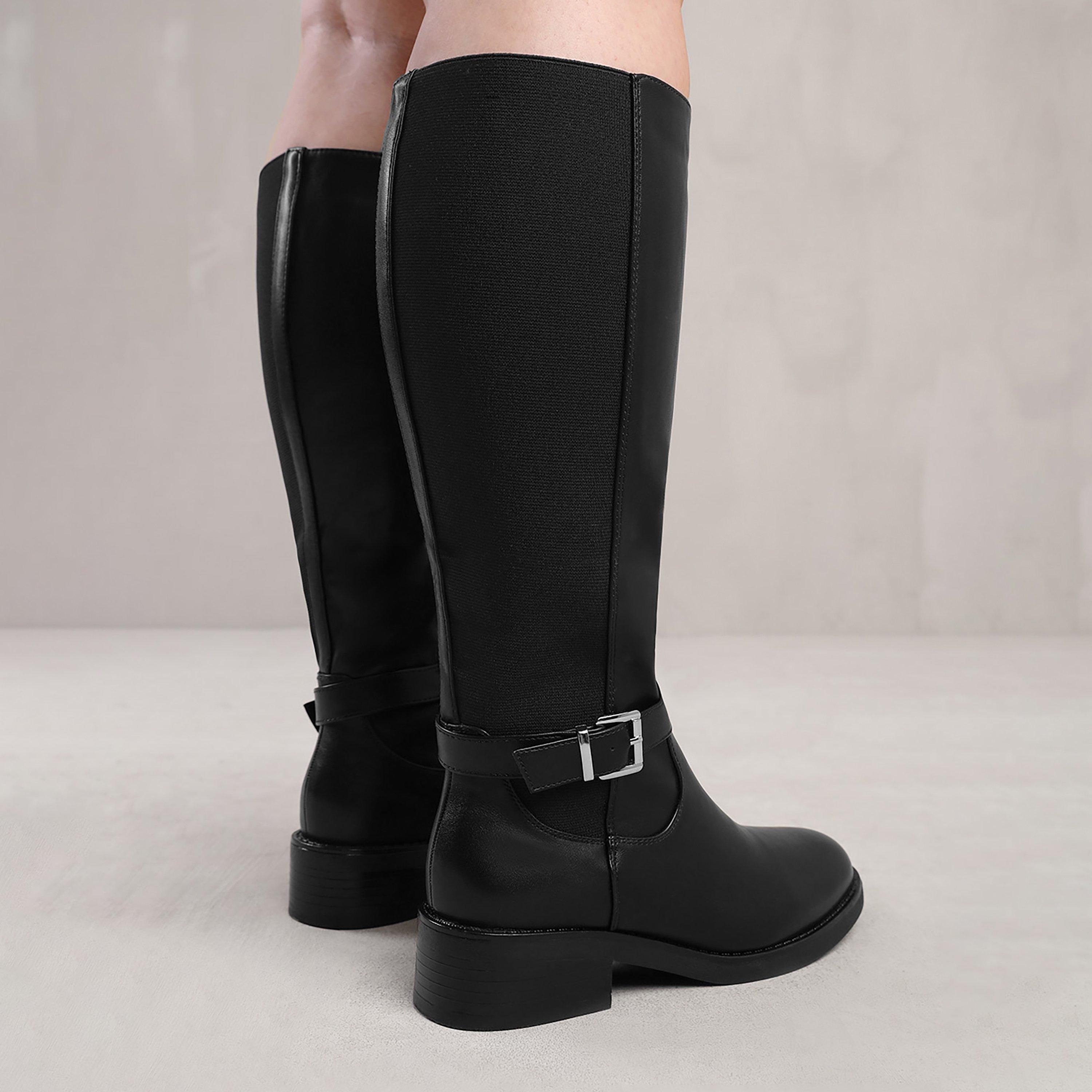 Black Pu - Wheres That From - Micah Black Stretch Wide-Calf Knee High Boots - 2